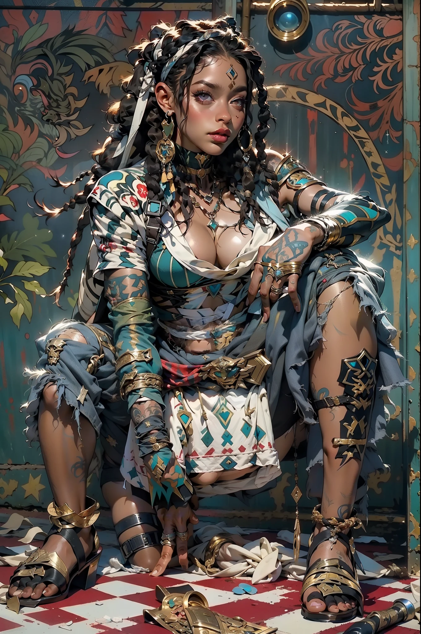 (((mulher))), (((melhor qualidade))), (((obra prima))), (((adulto))), ((( hood ))), Uma guerreira rapper mulher negra com cabelos brancos e com corpo perfeito, Gladiadores do Brooklyn, (( dreadlocks )), ((( Capuz azul com estrelas ))), com as garras do Wolverine, quase nua no estilo selvagem urbano de Simon Bisley para a capa da revista Heavy Metal, cabelo verde, Minimum clothing, red and white checkerboard pattern, armadura, cheio de pontas e rebites, tatuagem tribal, (((do joelho pra cima))), cabelo verde desalinhado