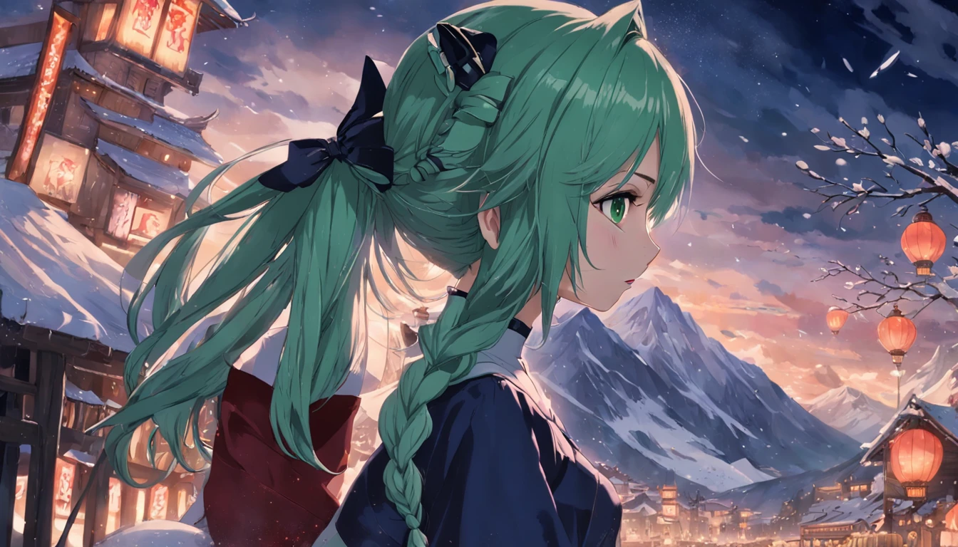 Make it an anime,(nmasterpiece,top Quority,top-quality,offcial art,Beauty and aesthetics:1.2),ighly detailed,best detailed,(Snowy mountains in the background:1.5),(One girl),Has a small,(Green hair,only thick braids,,,,,,,:1.7),(Shining eyes),(Enchanted),(Black Maid Outfit),lighting on the face