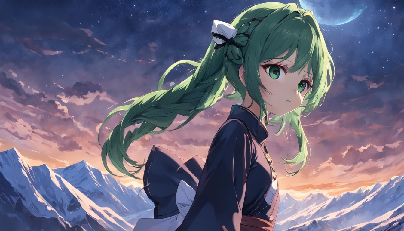 Make it an anime,(nmasterpiece,top Quority,top-quality,offcial art,Beauty and aesthetics:1.2),ighly detailed,best detailed,(Snowy mountains in the background:1.5),(One girl),Has a small,(Green hair,only thick braids,,,,,,,:1.7),(Shining eyes),(Enchanted),(Black Maid Outfit),lighting on the face