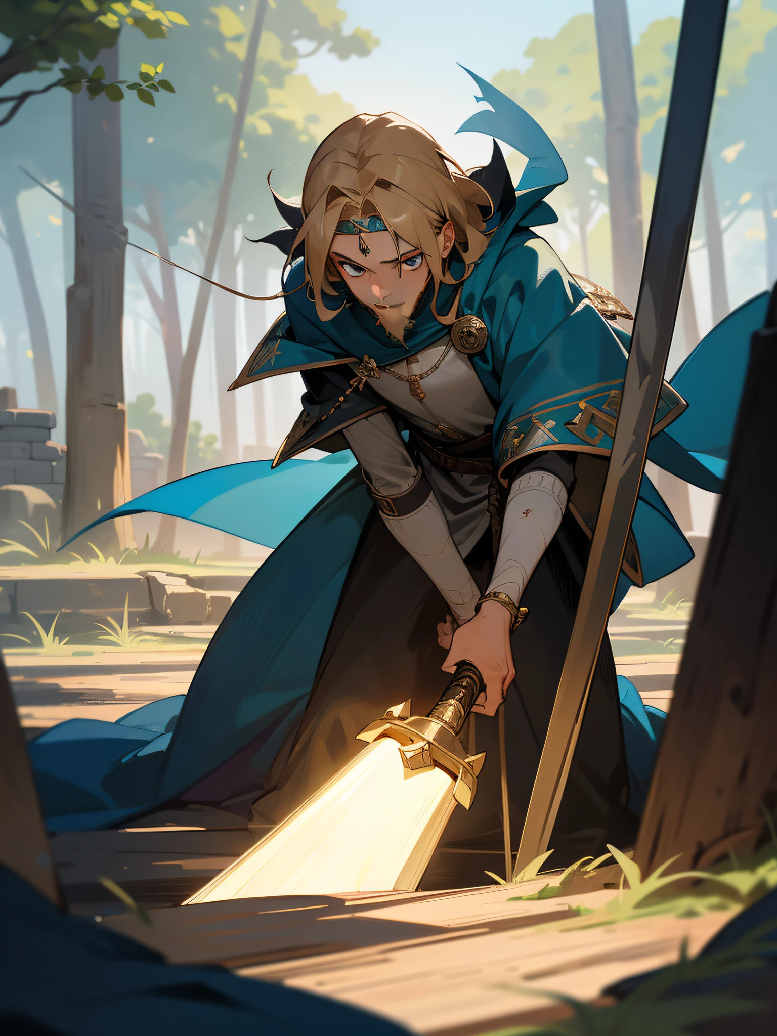 (best quality), (masterpiece), (photorealistic), (realistic), super detailed, unity 8k wallpaper, highly detailed cg, ray tracking, sharp shadows, great detail, depth of field, super detailed background, Serving the king, he has worked hard from an early age to become a cornerstone of the kingdom. Now, the king is in a difficult situation. If he escapes from this situation and returns to the royal capital, he will be knighted as a royal knight. In the retreat, Tono, you will be the shield to defeat the enemy. Scalemail, broadsword, blue cloak, stance of the right eye, chivalry, justice, 40 years old, thin beard, broken jaw, sharp eyes, dark blonde, tall, circlet, street, hills, forest to the right, river down to the left,