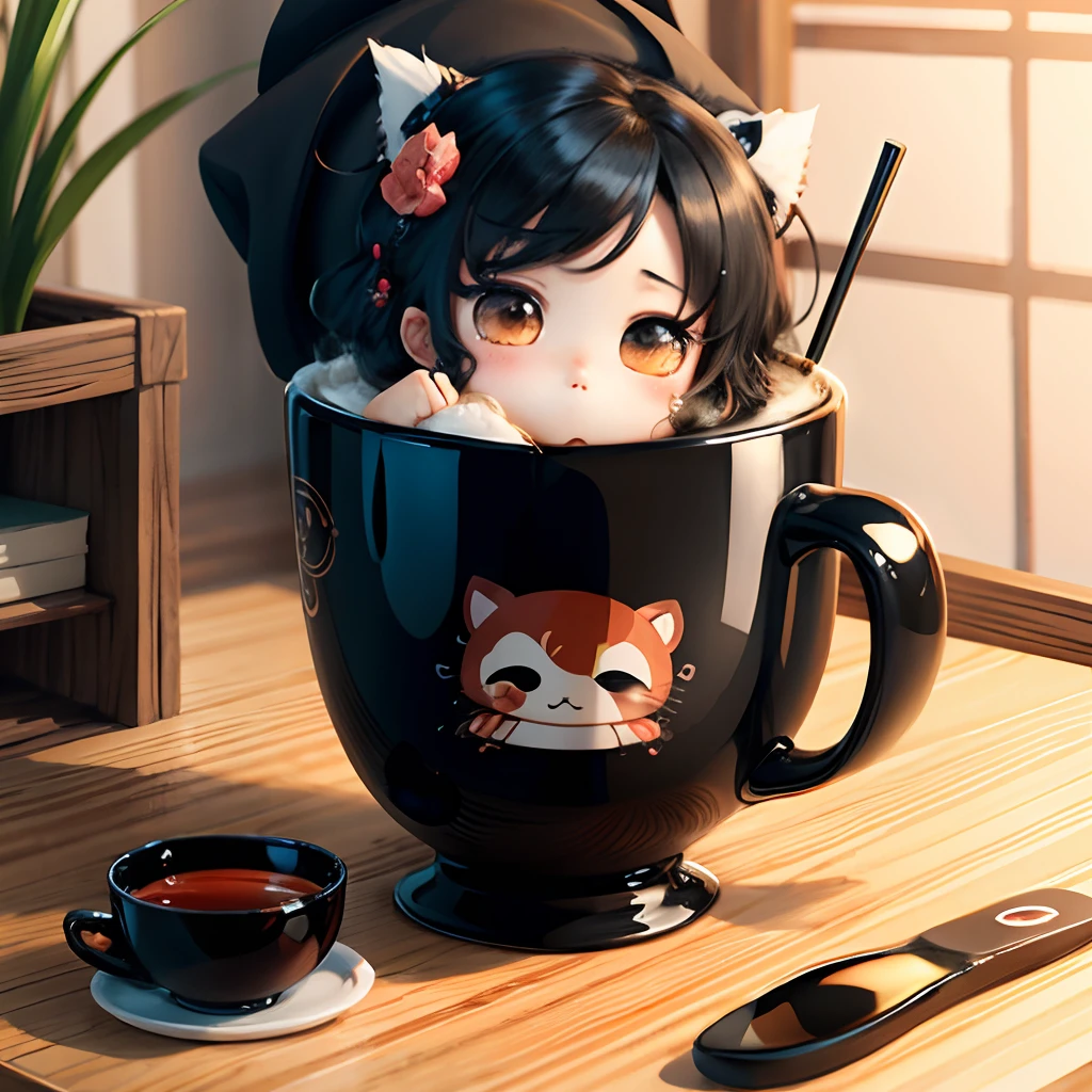 Cute chibi anime in a cup, wear black kimono, drink tea, logo