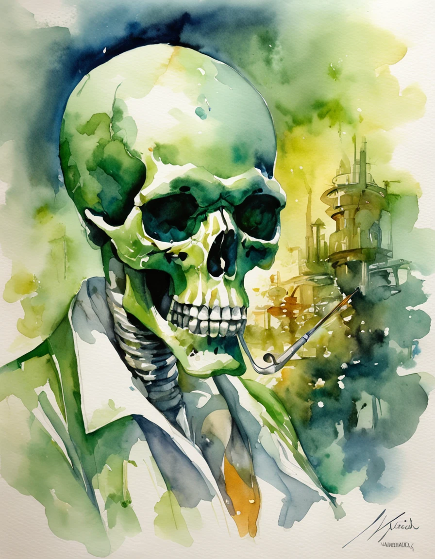 (master part), (melhor qualidade), ((vista frontal)), (Centrado), (meio corpo), Green-hued watercolor illustration of a skull-headed scientist wearing lab coat and gloves, is holding a vaccine syringe, arte Boris Vallejo, Syd Mead, arte dos anos 70s, na cor verde.