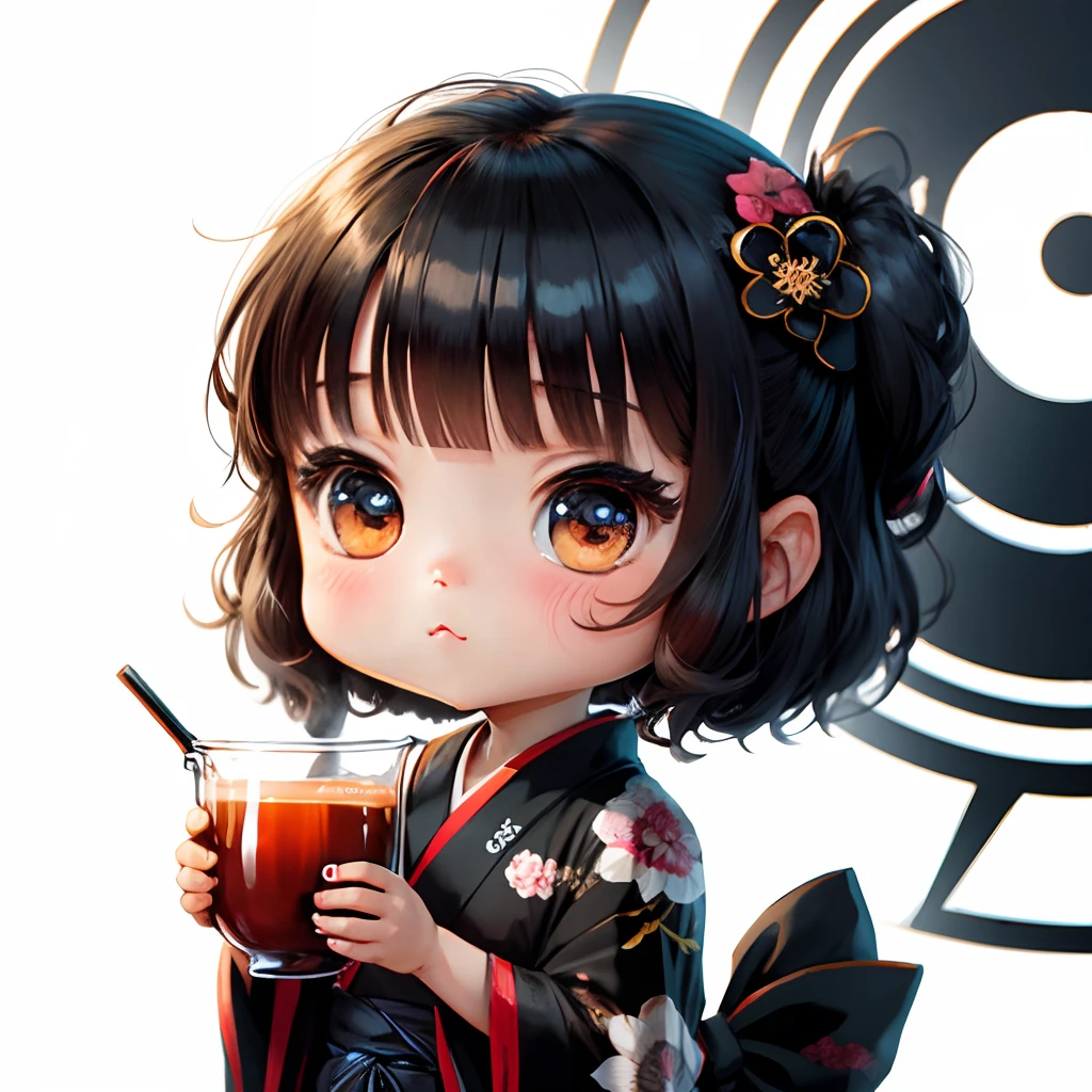 Cute chibi anime, wear kimono, drink tea, logo