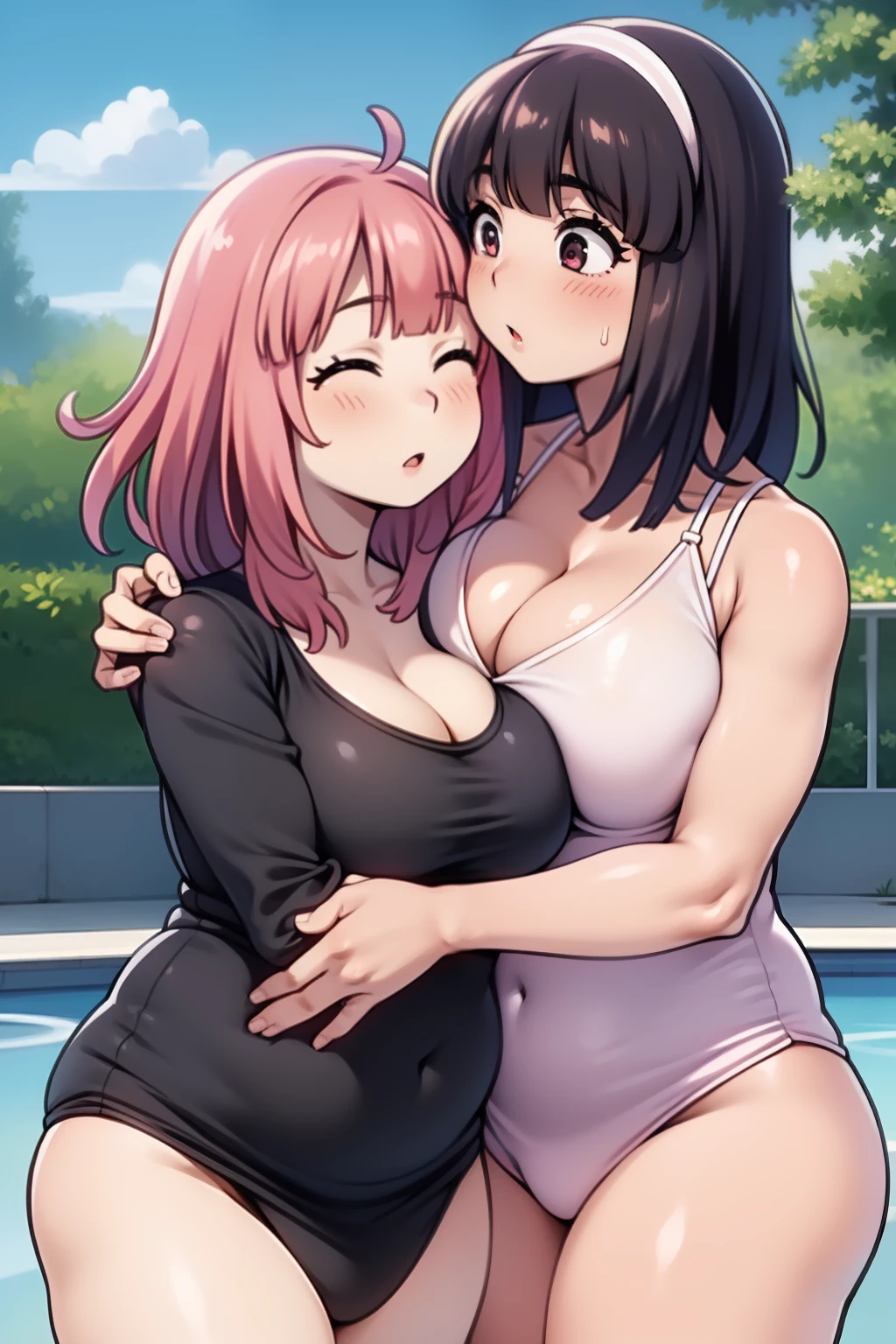 2girls,girl1:bbw、adolable,Black hair,Bob-cut hair,rcasual、Kisses and hugs、stare、NOWAI、Girl 2:adolable,A pink-haired,Long grey hair,rcasual。Kisses and hugs、stare、NOWAI