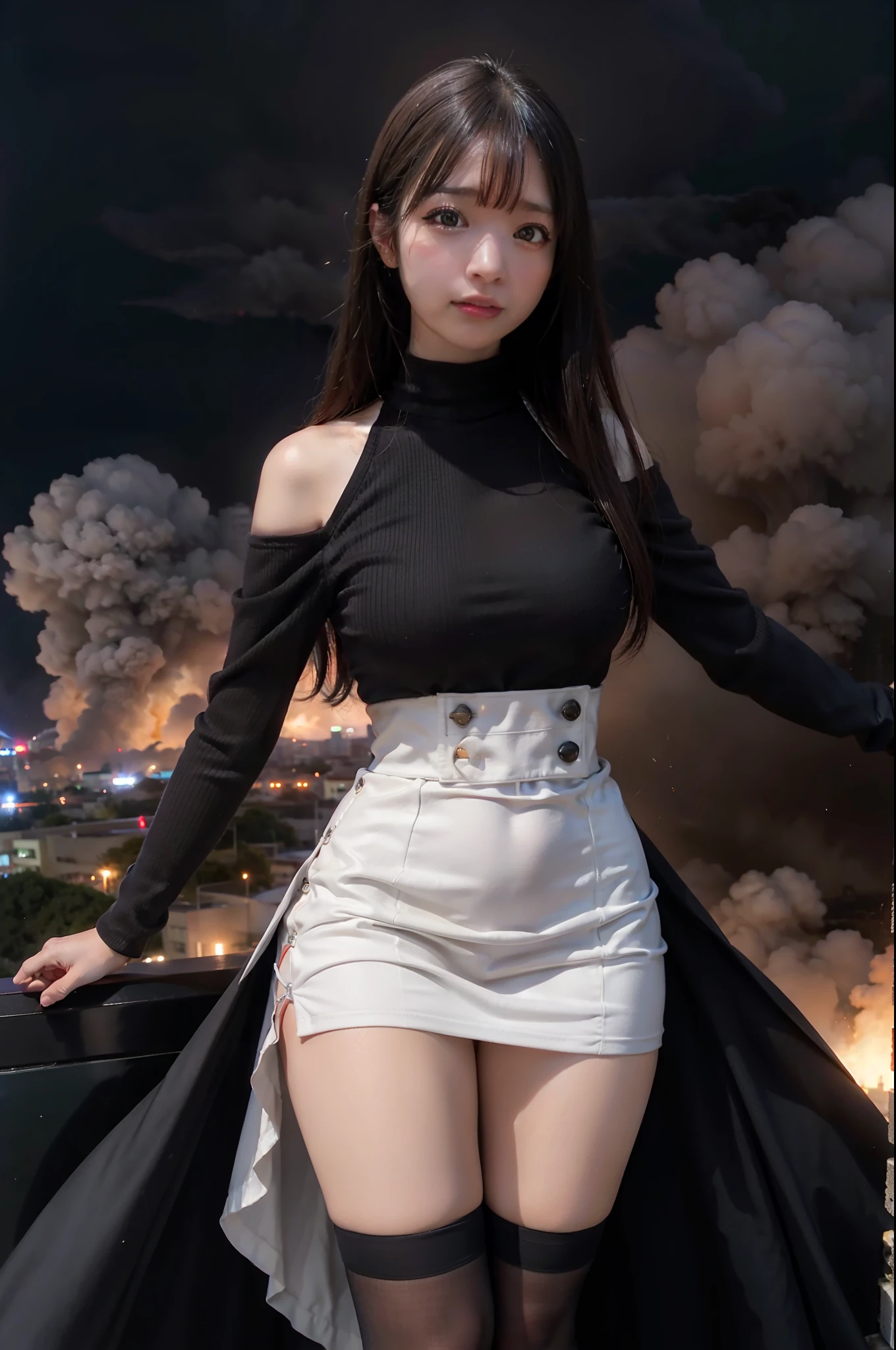 GTS cidade, carros, Buildings, smoke billowing, nuvem, tornado, raios, Evil, realistic lighting, giant girl, double eyelid, vestido curto,  salto em altura, vista de baixo.