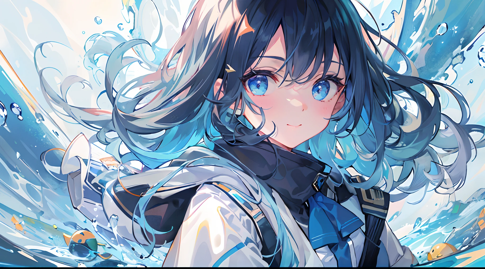 ((top-quality)), ((masterpiece)), ((ultra-detailliert)), (extremely delicate and beautiful), girl with, 独奏, cold attitude,((Black jacket)),She is very(relax)with the(Settled down)Looks,A dark-haired, depth of fields,evil smile,Bubble, under the water, Air bubble,bright light blue eyes,Inner color with light blue hair and dark blue tips,Cold background,Bob Hair - Linear Art, shortpants、knee high socks、White uniform like school uniform、Light blue ribbon ties、Clothes are sheer、Hands in pockets