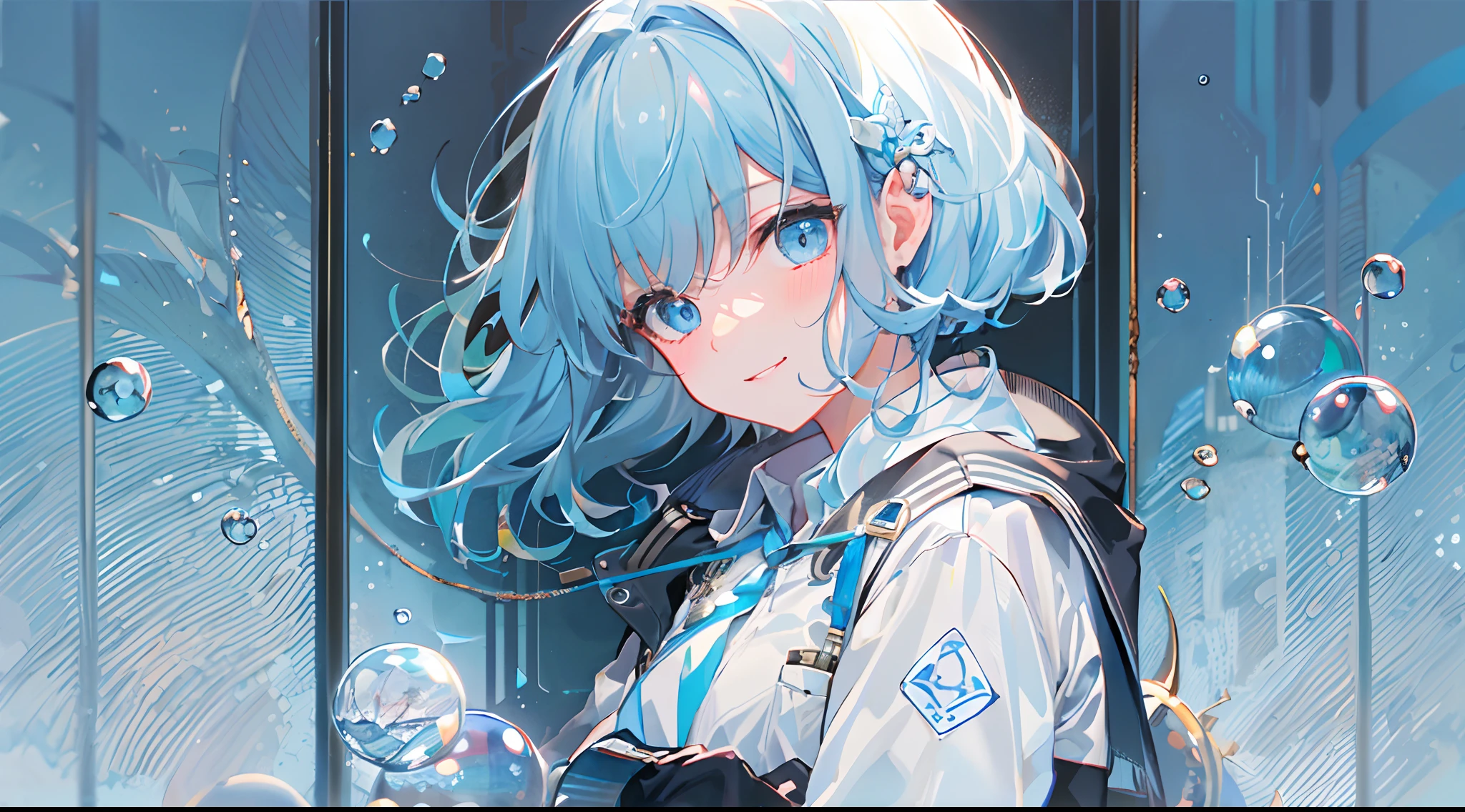 ((top-quality)), ((masterpiece)), ((ultra-detailliert)), (extremely delicate and beautiful), girl with, 独奏, cold attitude,((Black jacket)),She is very(relax)with the(Settled down)Looks,A dark-haired, depth of fields,evil smile,Bubble, under the water, Air bubble,bright light blue eyes,Inner color with light blue hair and dark blue tips,Cold background,Bob Hair - Linear Art, shortpants、knee high socks、White uniform like school uniform、Light blue ribbon ties、Clothes are sheer、Hands in pockets