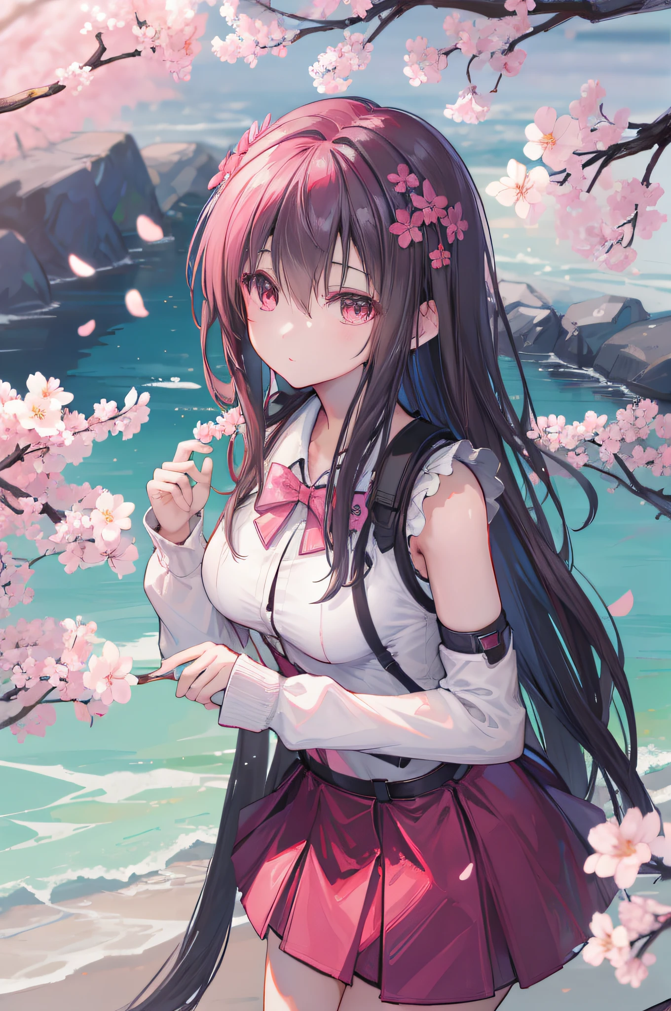 (((high high quality)))，quadratic element，teens girl，adolable，Shy，Student Clothing，cherry blossom tree background