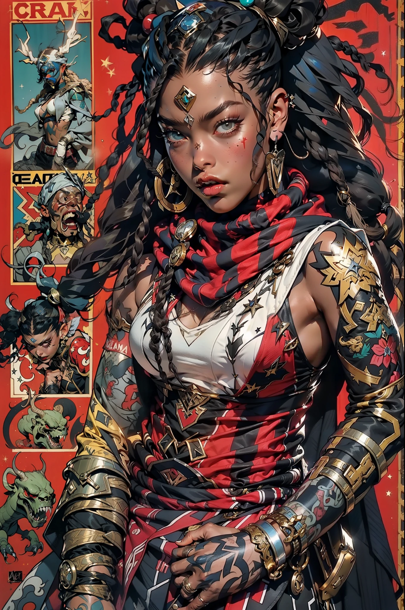 (((mulher))), (((melhor qualidade))), (((obra prima))), (((adulto))), ((( hood ))), Uma guerreira rapper mulher negra de 35 anos com corpo perfeito, Gladiadores do Brooklyn, (( dreadlocks )), ((( Capuz azul com estrelas ))), com as garras do Wolverine, quase nua no estilo selvagem urbano de Simon Bisley para a capa da revista Heavy Metal, cabelo verde, Minimum clothing, red and white checkerboard pattern, armadura, cheio de pontas e rebites, tatuagem tribal, (((do joelho pra cima))), cabelo verde desalinhado