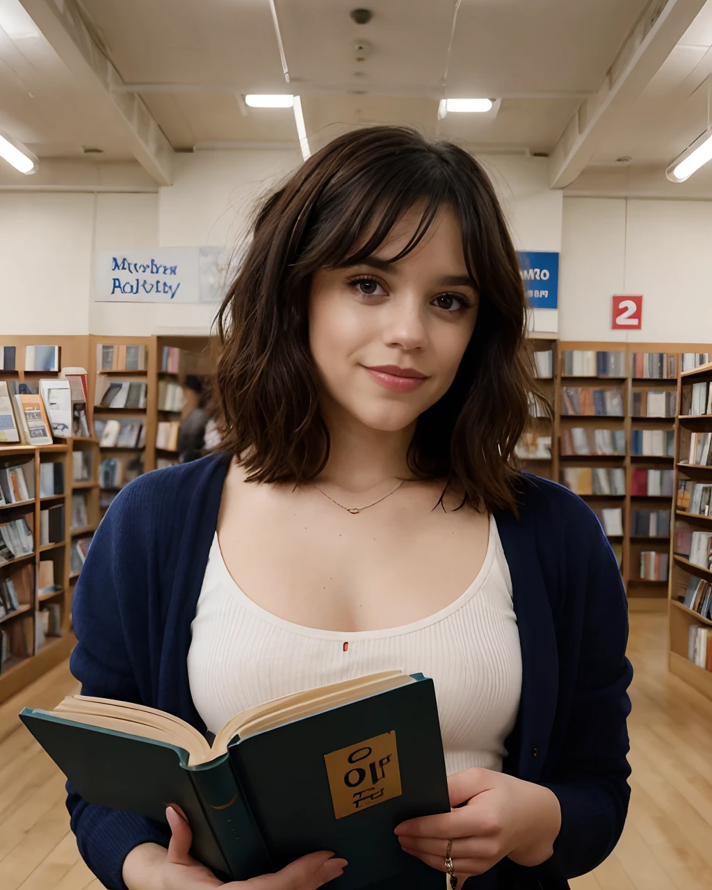 Photo of jortega in a sterotypical French outfit reading a book in a bookstore, solo, blue eyes, reverse bob haircut, shiny skin, full body, hyper detailed, looking at viewer, voluptuous body, muscular body, warm atmosphere, photograph, photoshoot, Captured by Panavision Panaflex Platinum Camera with Panavision Primo Primes Spherical Lens 50mm T1.9