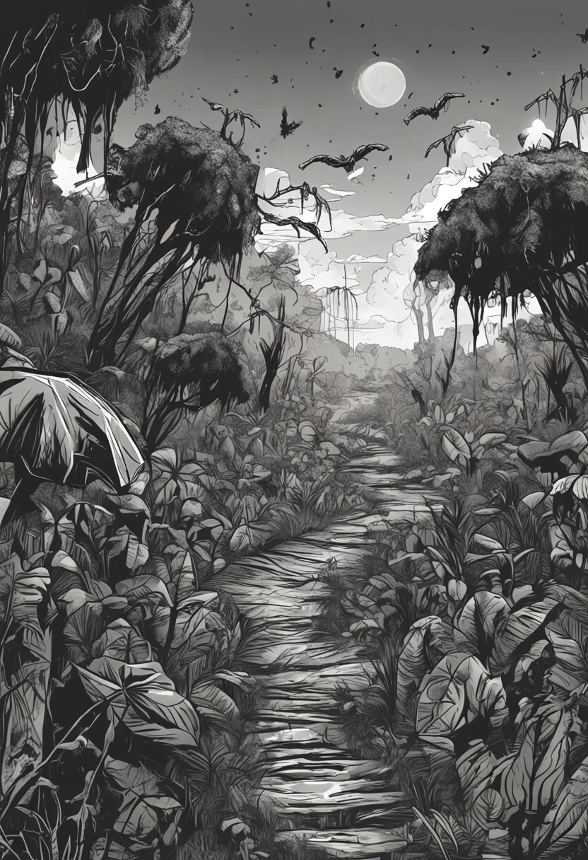 A few zombies roamed aimlessly in the jungle,As if looking for something,The background is dark and depressing,Dark art