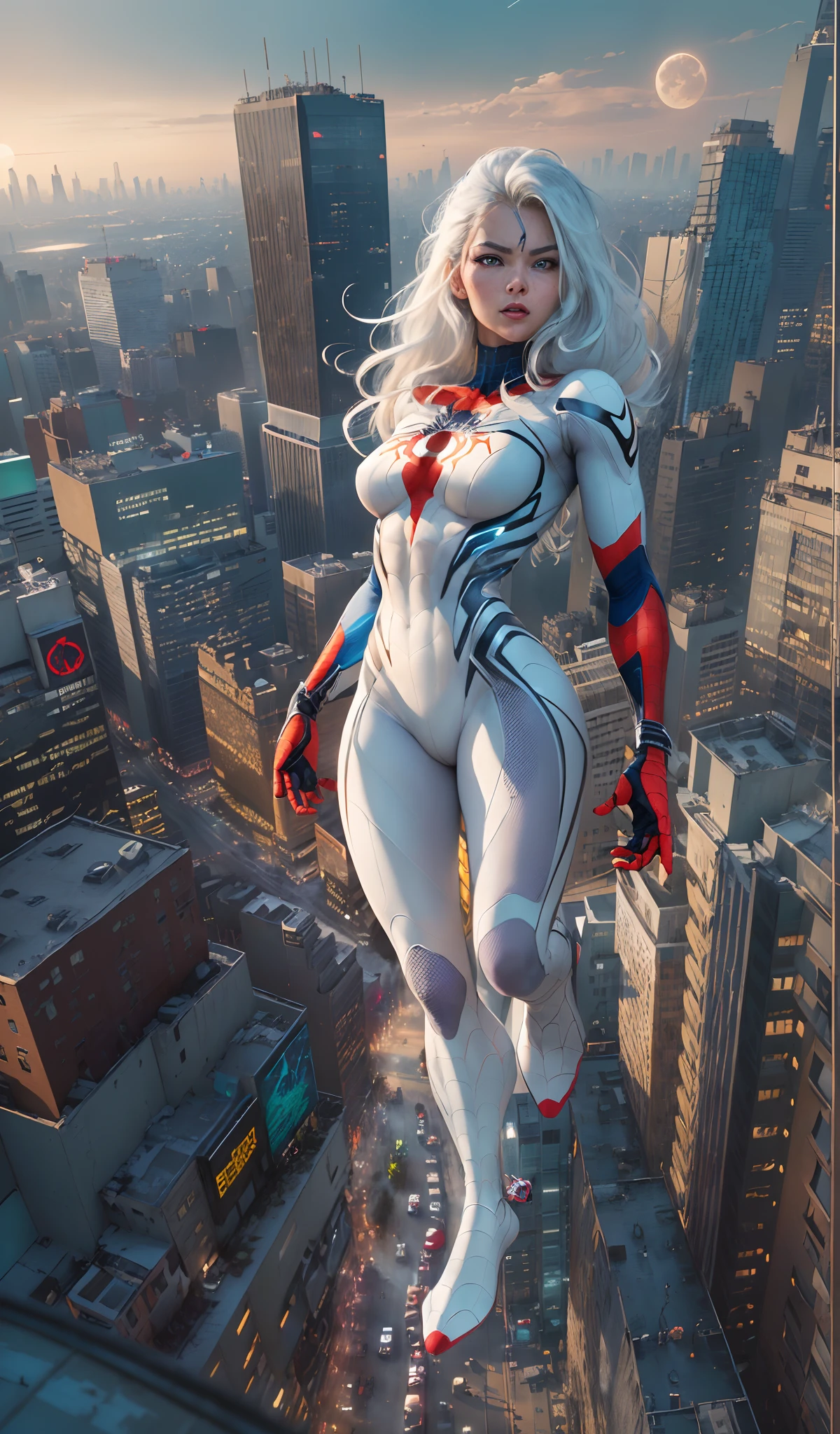 (​masterpiece、4K resolution、A hyper-realistic、ighly detailed)、(White Superhero Theme、Charisma、There's a girl in a Spider-Man costume over town、She's a superhero)、 [((25-years old)、(Long grey hair:1.2)、full bodyesbian、(blue eyess:1.2)、((Spider-Man pose)、show of strength、Jump from one building to another)、((Sandy urban environment):0.8)|(A city scape、natta、Dinamic Light)、(fullmoon)]#illustrate:Prompts are mainly ultra high definition、very real、Describes highly detailed 4K paintings。A superheroine in a Spider-Man costume is depicted at the top of the city。The theme of the picture is white superhero。
