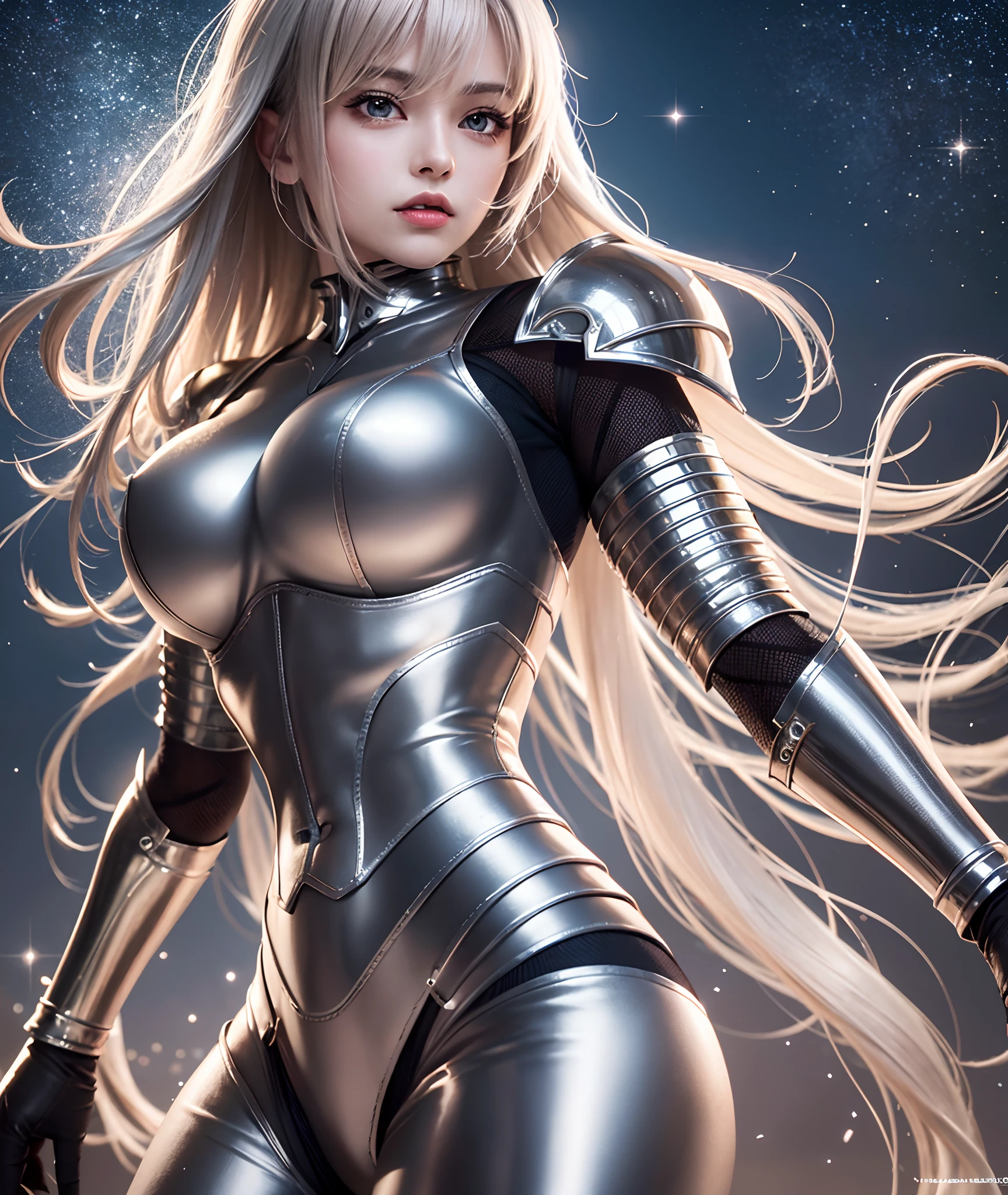 Ultra-high saturation,(tmasterpiece), fully body photo,(best qualtiy), (1girll), starryskybackground,Wearing shiny gold armor, Sexy lingerie type armor,Expose your chest,Expose the waistline,Exposing thighs,cool-pose, Saint Seiya Armor, messy hair,high detal, Anime style, Cinematic lighting, Sparkle, god light, Ray traching, filmgrain, hyper HD, textureskin, super detailing, Anatomical correct, A high resolution,Ultra-high saturation,hight contrast,High-gloss armor,Smooth skin,Serious expressions,dark room,