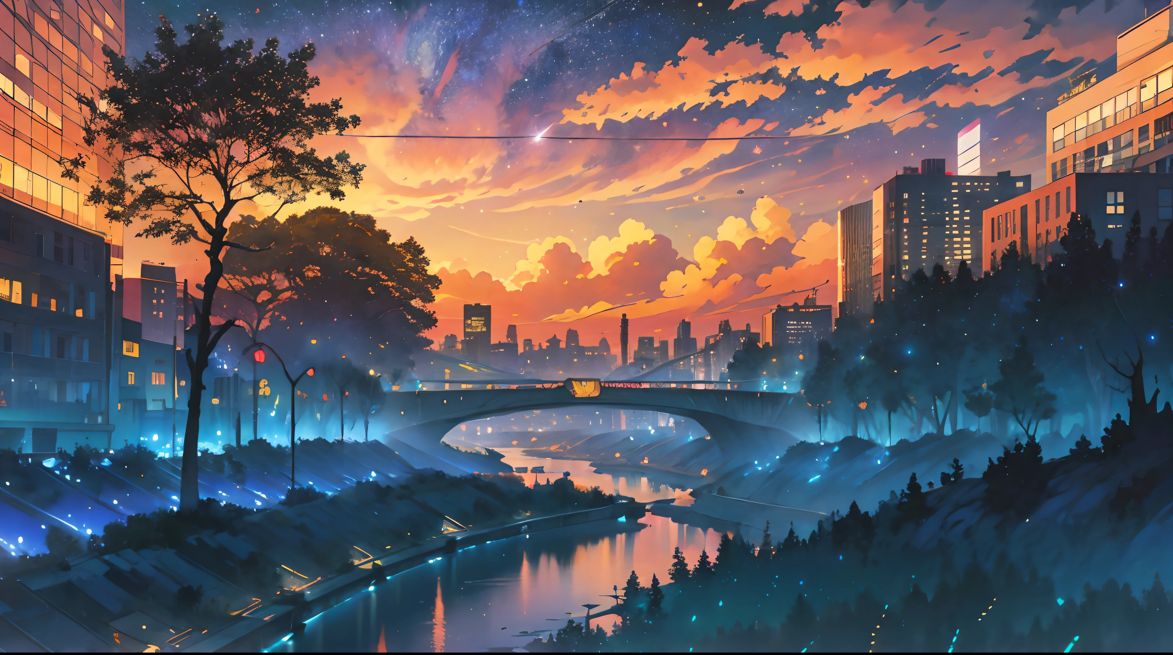 galaxy, stars, outdoors, girl, chair, sitting, city, river, tree, city silhouette, cloud, sky