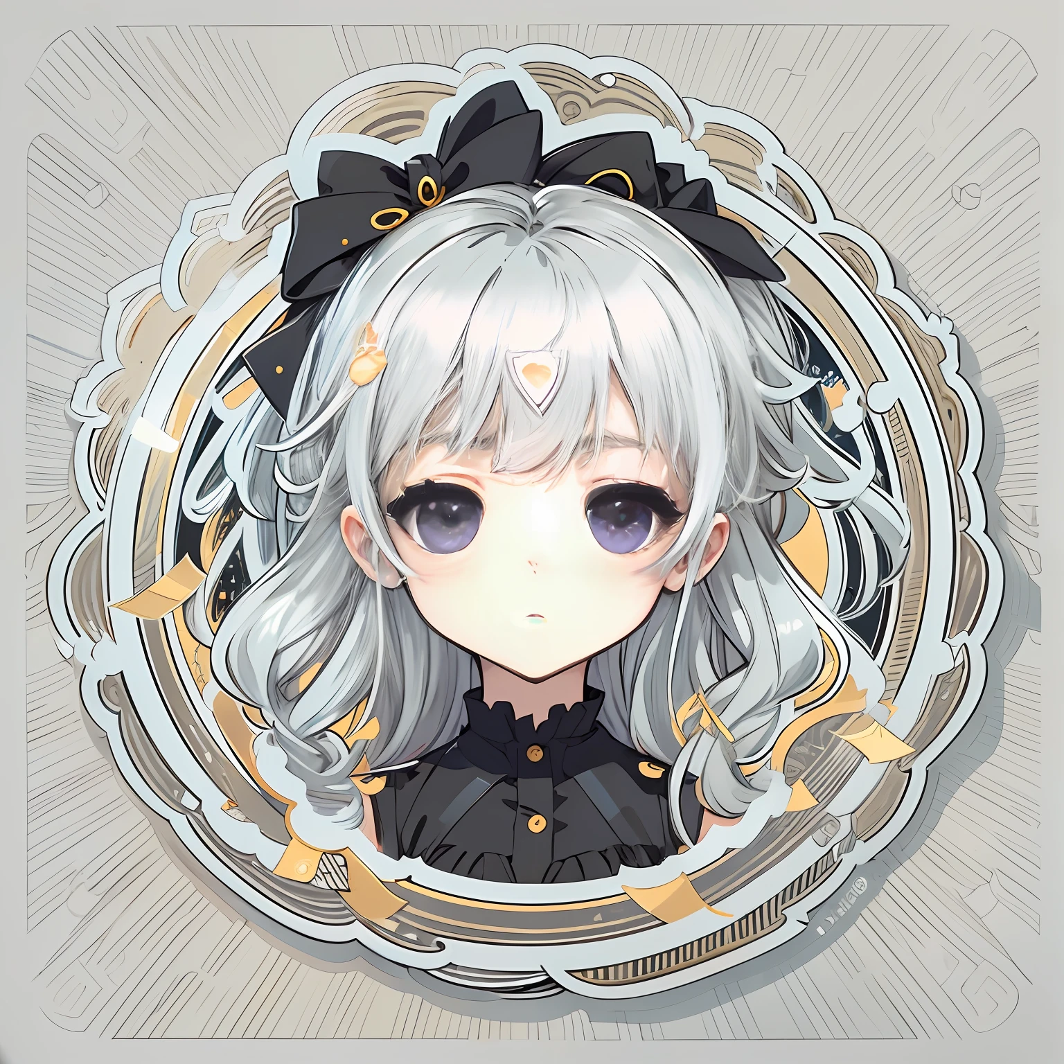 Sticker, Cute anime girl head, Long silver-white hair style,Deep purple eyes,lovely black dress,in circle, White background, Golden,Simple, Ultra detailed, Detailed drawing, vectorised, Silhouette, 8K, professional sticker design, Flat design, Vector lines, Sticker, Drawing, Drawing, Full-HD