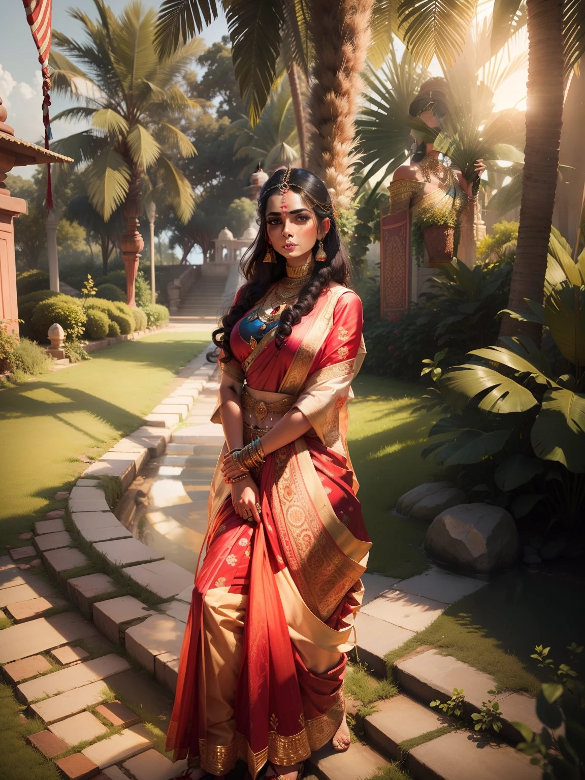 Indian queen ,l beautiful woman ,realistic face 8k , with traditional Saree ,and jewelry, dusky skin