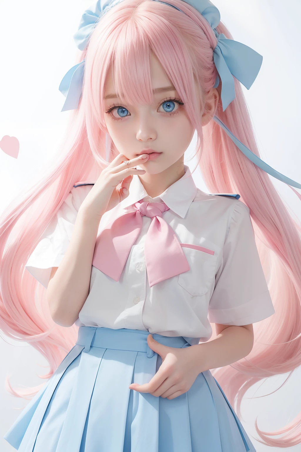 light pink colored hair,Powder-blue pupils,Wear a school uniform with a combination of pink and blue,Milky ,super beautifulgirl