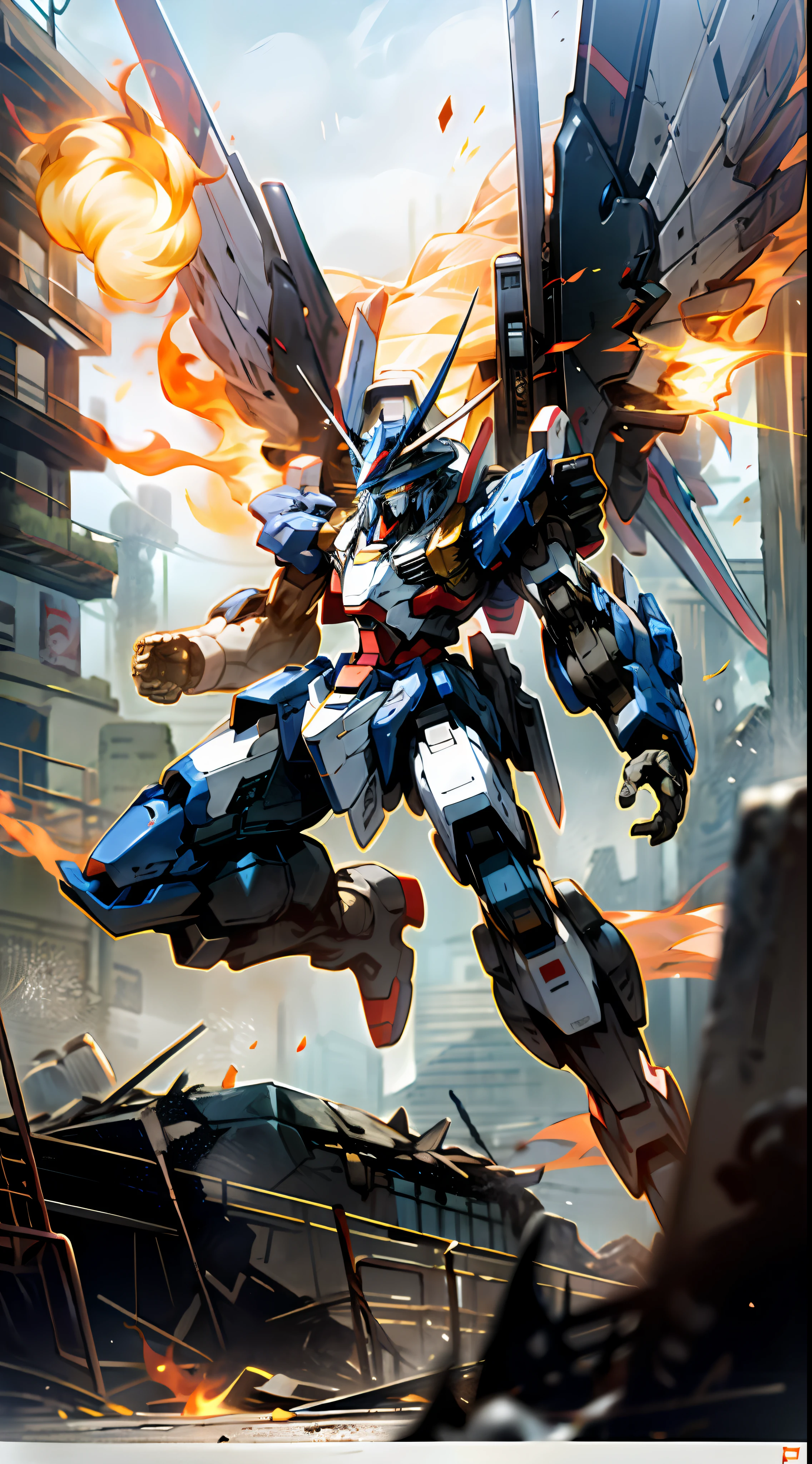 surrealism, Ray tracing, hyper HD, High details, 8K, Best quality, Textured skin,Gundam Mech,Dragon wings,tmasterpiece,best qualtiy,mechs,A teenager levitates in the air,(full bodyesbian),(Black Mech:1.5),(轴对称:1.4),(hdr),(cinematric light:1.1),White eyes,Cool,scientific fiction,firey,Don Dao,karo,conflict,Background of the destroyed city with a Tang knife,(Armed with a huge weapon:1.5),Mecha male,