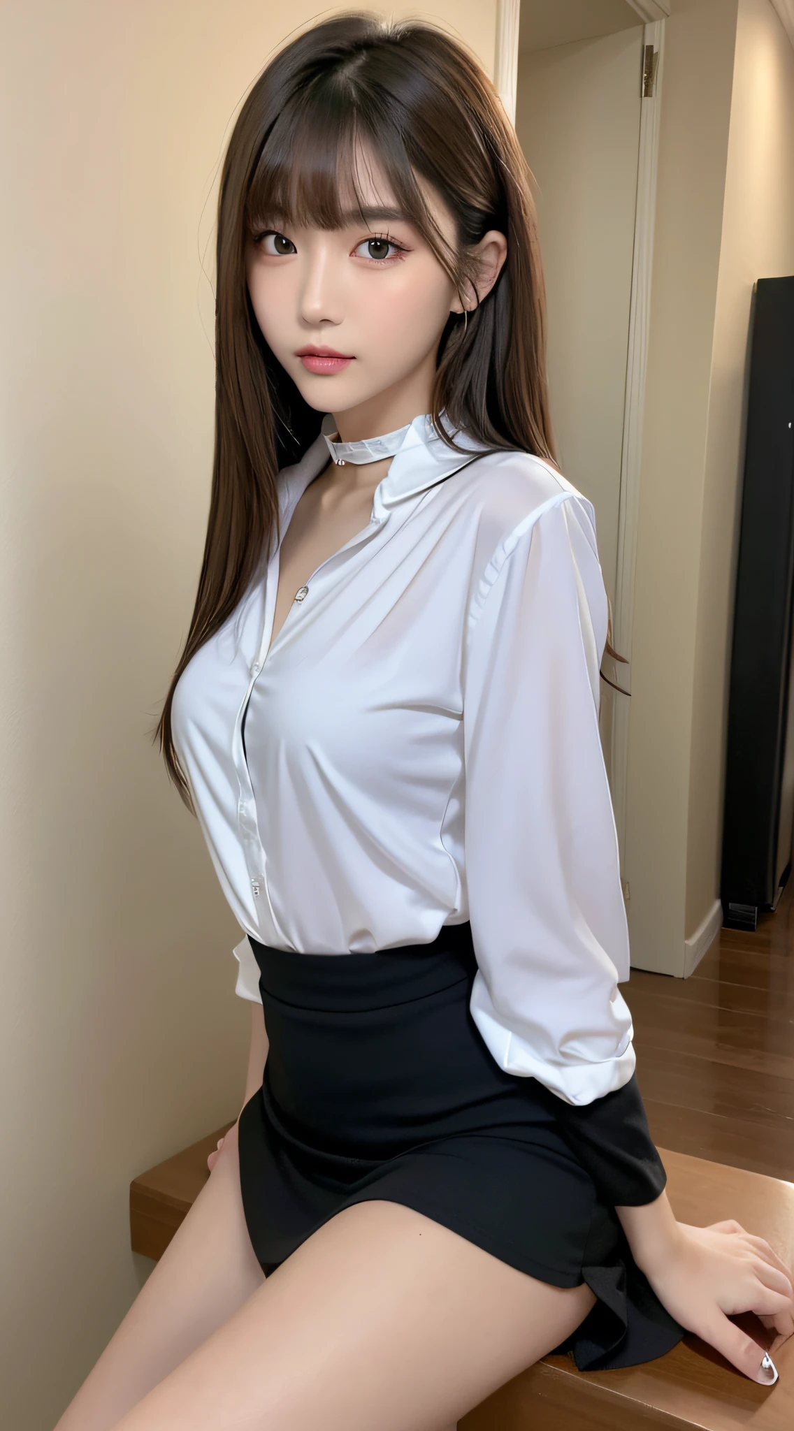((HDR,1080P,16K,High resolution,realistic skin texture,realistic,intricate detailed:1.5)),(((Wang Zuxian))),(((Joey Wong))),((white shirt and white pants:1.3)),(((happy:1.2))),ear pendants,blush,necklace,lipstick,((smile:1.3)),((parted lips:1.2)),elegant pose,delicate face,perfect face,black hair,shiny hair,(looking at viewer:1.3), facing the camera,(((huge breasts:1.2))),golden-ratio body,hourglass shape,shiny skin,fair skin,slim waist,wide hips,long hair,dynamic shot,professional photography,in the hall,((cold lighting)),1990s Hong Kong photography,(((Hong Kong 1990s film filter:1.3))),(light particles, lens flare, glowing particles:1.3),(((FUJIFILM XT))),((Retro filter:1.3)),Raw photo,((fuji color:1.3))