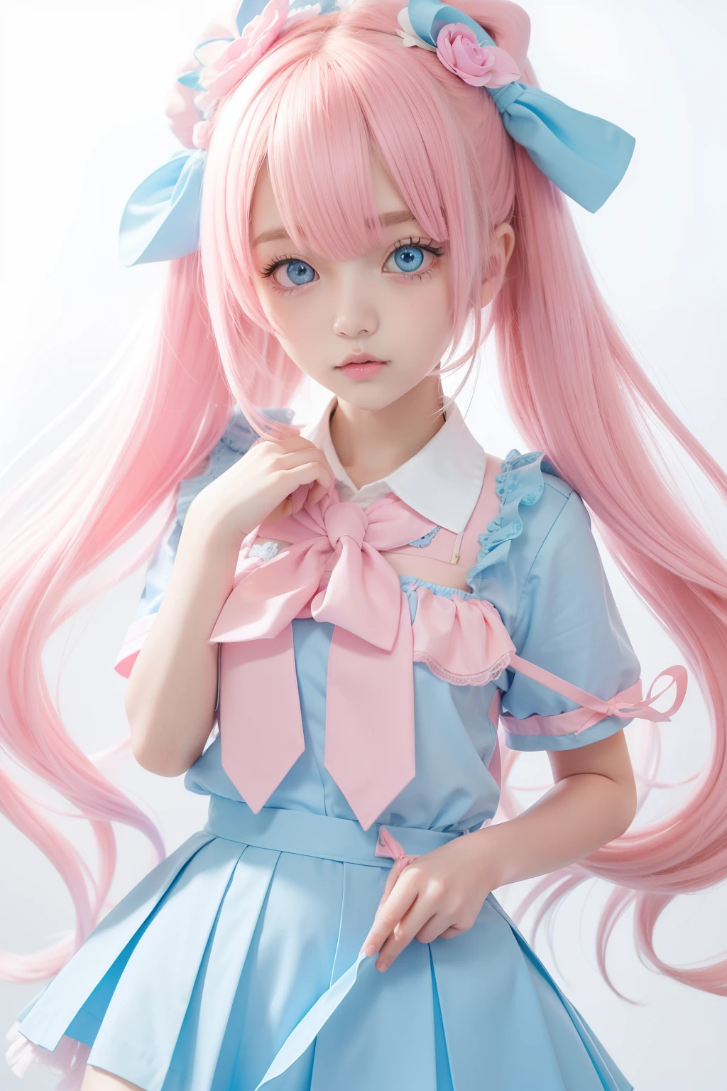 light pink colored hair,Powder-blue pupils,Wear a school uniform with a combination of pink and blue,Milky ,super beautifulgirl