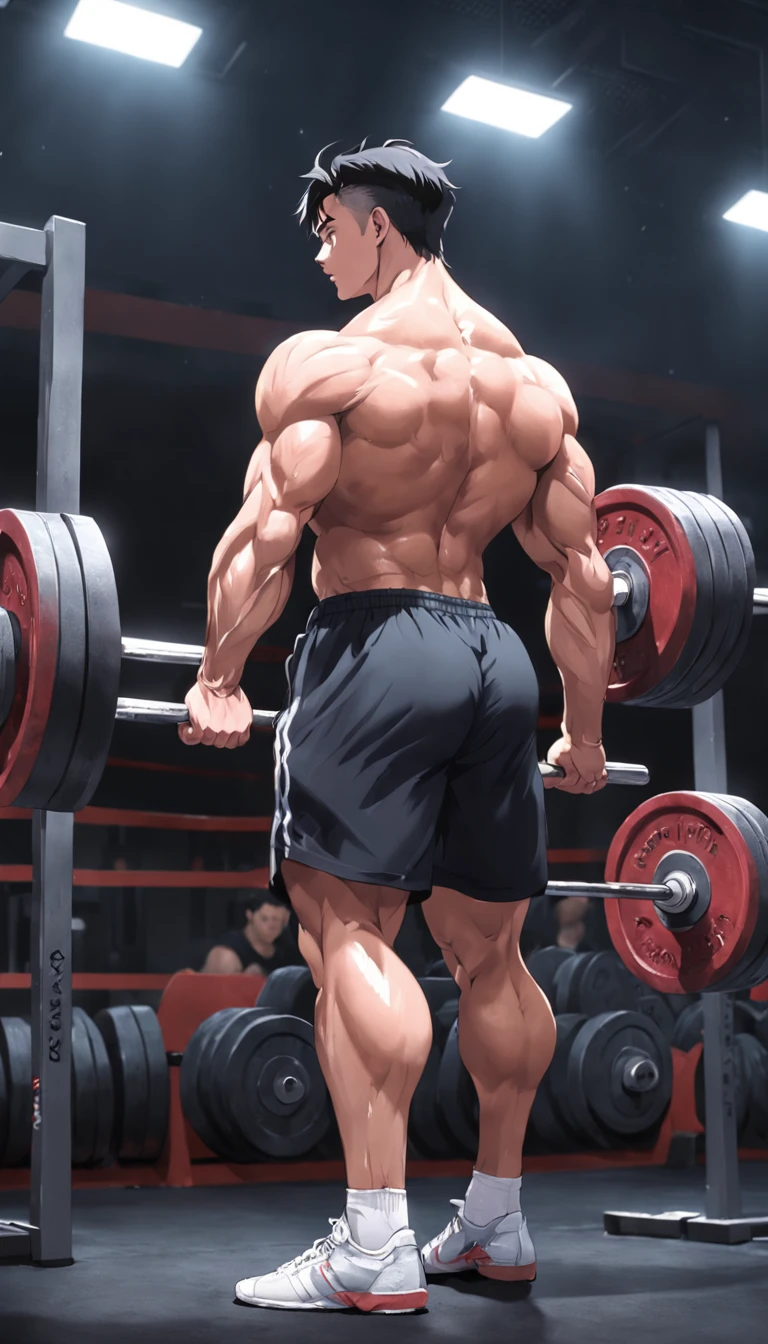 Fursuit, anthropomorphic wolf, furry, 6'7 and 233 lbs, 50" Chest, 21" Shoulders, 17" Biceps, 36" Waist, 25" thighs, 17" calves
20" back, orange fur with red on the tips on his ears and brush of his tail, red hair, mohawk hairstyle, red eyes, wearing plain white t-shirt with sleeves ripped off, at the gym, shirt soaked through with sweat, at the gym, wearing sweat shorts, 7" bulge, High Quality, Masterpiece, Anime, Cartoon, digital art