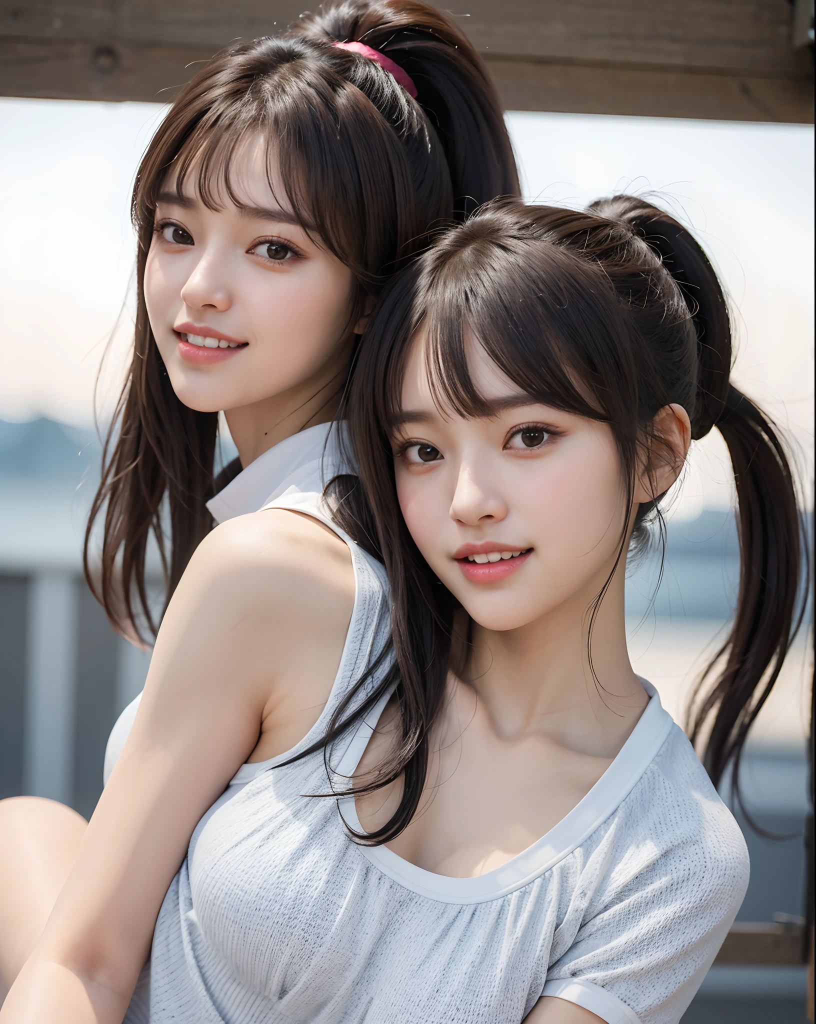 zydG, 1girl, detailed skin, looking at viewer, brown eyes, (ponytail with bangs:1.2), (large breasts:1.0), (large areolae:0.8), parted lips, teeth, smile, 
(photorealistic:1.4), (best quality:1.0), (ultra highres:1.0), 8k, RAW photo, (masterpiece:0.2), (sportswear:1.5), from side, 
(pureerosface_v1:0.5)