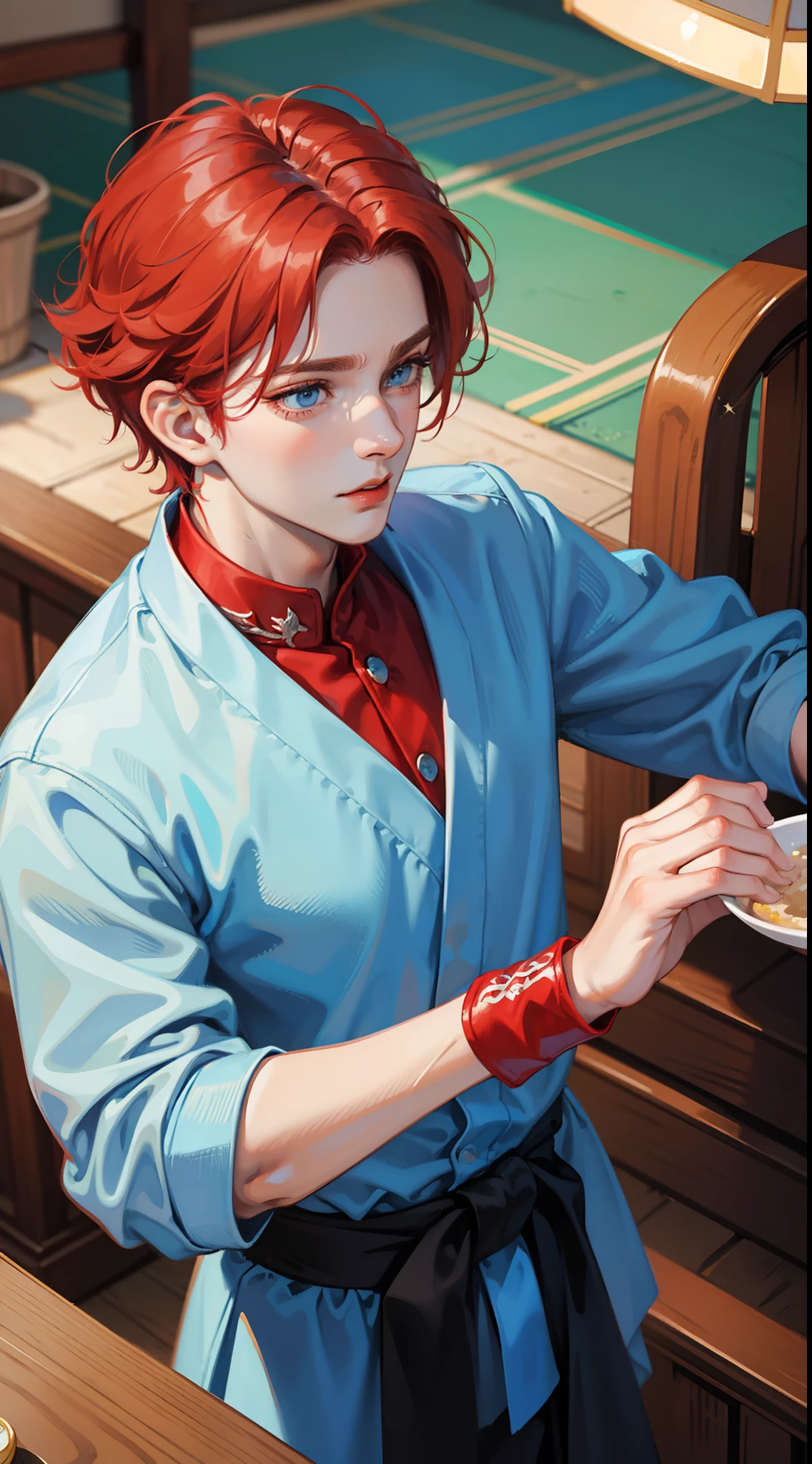 Young guy, short red hair, blue eyes, prince, martial arts, Masterpiece, hiquality
