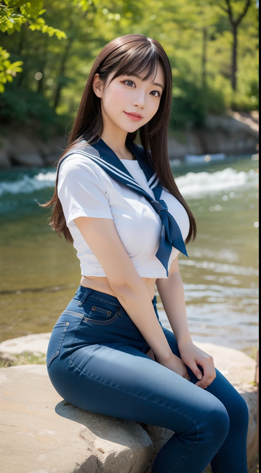 a pregirl,horse tailed,Large breasts, ssmile, looking at viewert, sailor uniformm,skintight jeans, athletic sneakers,photore, realisticlying, Best quality at best, employee, 详细的脸, Sitting on a large rock by the river in the middle of the woods, diffuselighting, depth of fields, Background bokeh
