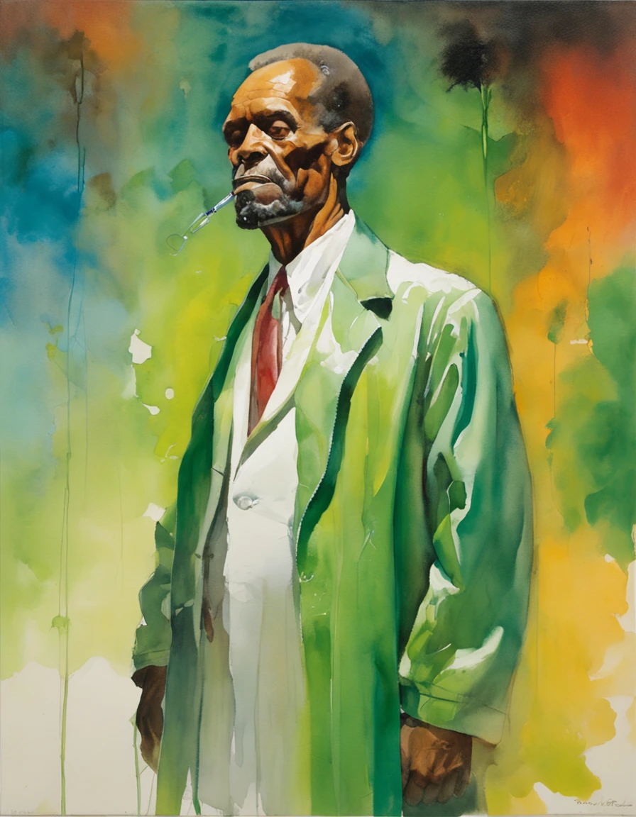 (master part), (melhor qualidade), ((vista frontal)), (Centrado), (meio corpo), Green-hued watercolor illustration of a skull-headed scientist wearing lab coat and gloves, is holding a vaccine syringe, arte Boris Vallejo, Syd Mead, arte dos anos 70s, na cor verde.