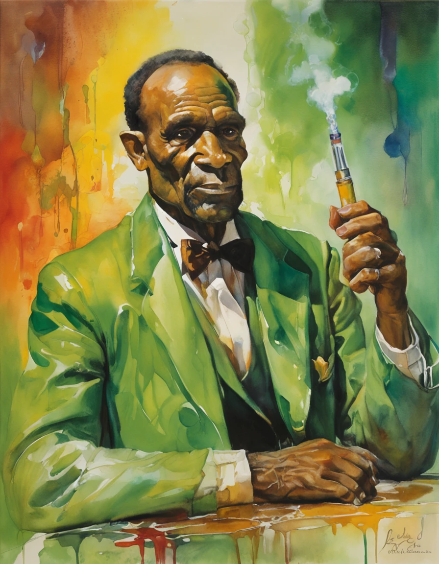 (master part), (melhor qualidade), ((vista frontal)), (Centrado), (meio corpo), Green-hued watercolor illustration of a skull-headed scientist wearing lab coat and gloves, is holding a vaccine syringe, arte Boris Vallejo, Syd Mead, arte dos anos 70s, na cor verde.
