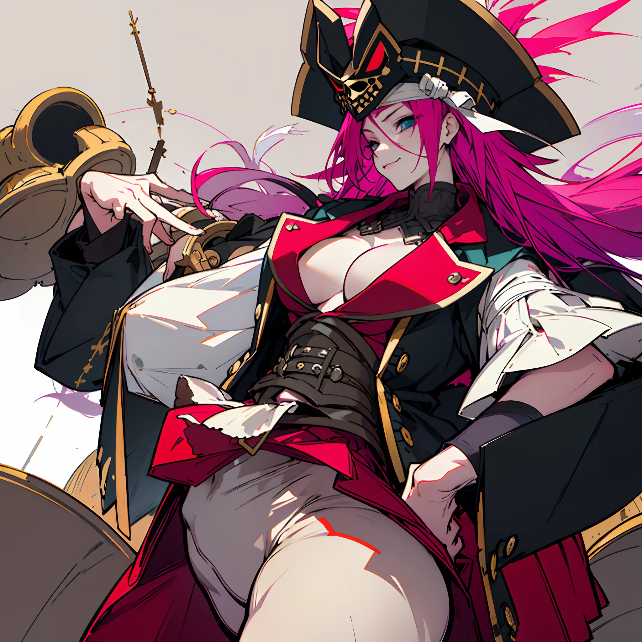 (top-quality), (masterpiece), (hight resolution), (8K), (Extreme Detail), (beautiful detail), (Detailed face), FDSTG1,Pink hair、The long-haired、blue eyess、Black Pirate Hat((Raking up your hair、One hand is on his hip)), (Vicious look、Vulgar smile), suggestive pose,Realistic fantasy rendering, Realistic anime girl rendering, Colossal tits,thin-waist,Big buttocks, popular in CGSTATION, 4K,highlight in eyes