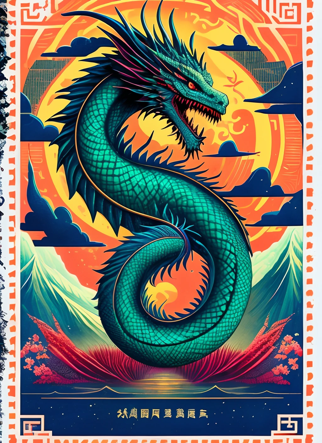 A Chinese stamp depicts a Chinese dragon, In a psychedelic surrealist style, Qing dynasty, photo taken with ektachrome, Indigo and green, Japanese folk art, Bamileek Art, Otherworldly creatures