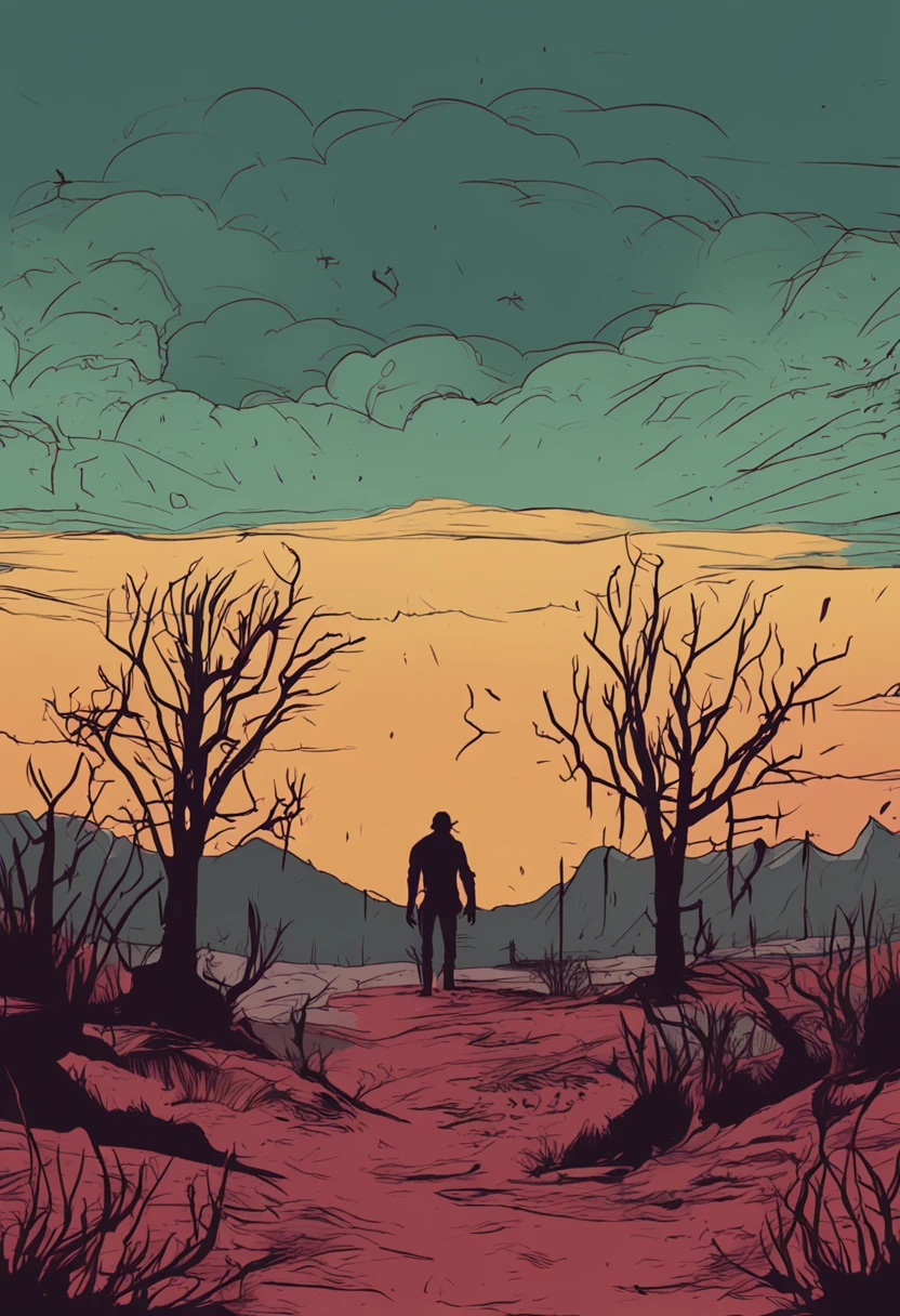A few zombies roamed aimlessly in the plains,As if looking for something,The background is dark and depressing,Dark art