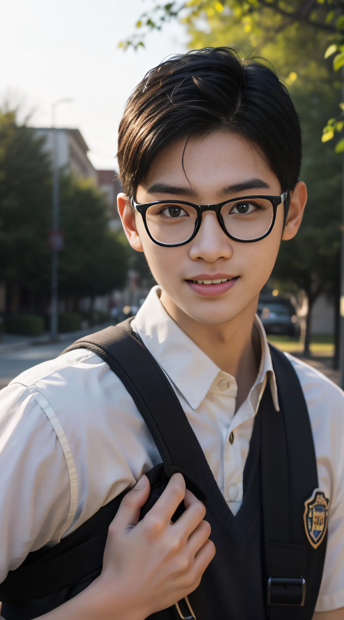 Realiy, realisticlying, movie picture quality, super detailing, Super quality, Super HD, An ordinary male college student, Asian boys, Middle-aged boys, with short black hair, brown glasses, 二重まぶた, in school uniform, Carrying a school bag, ssmile, The face is full of joy, Sunshine Boys