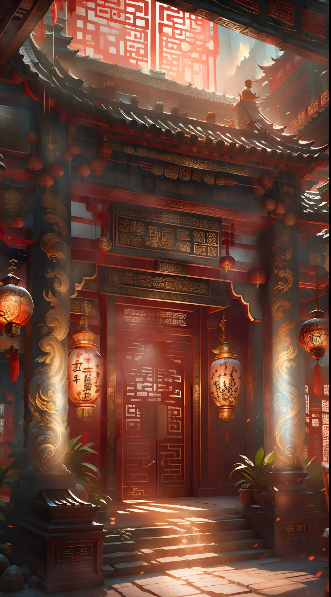 There was a room with a lot of wood and a lot of lights, with ancient chinese aesthetic, Chinese style, Chinese style buildings, Beautiful rendering of the Tang Dynasty, inspired by Dong Yuan, author：Yao Tingmei, author：Liao Zhichun, Ancient Chinese architecture, Chinese architecture, inspired by Min Zhen, chinese temple，Chinese pharmacy，Traditional Chinese Medicine Hall，