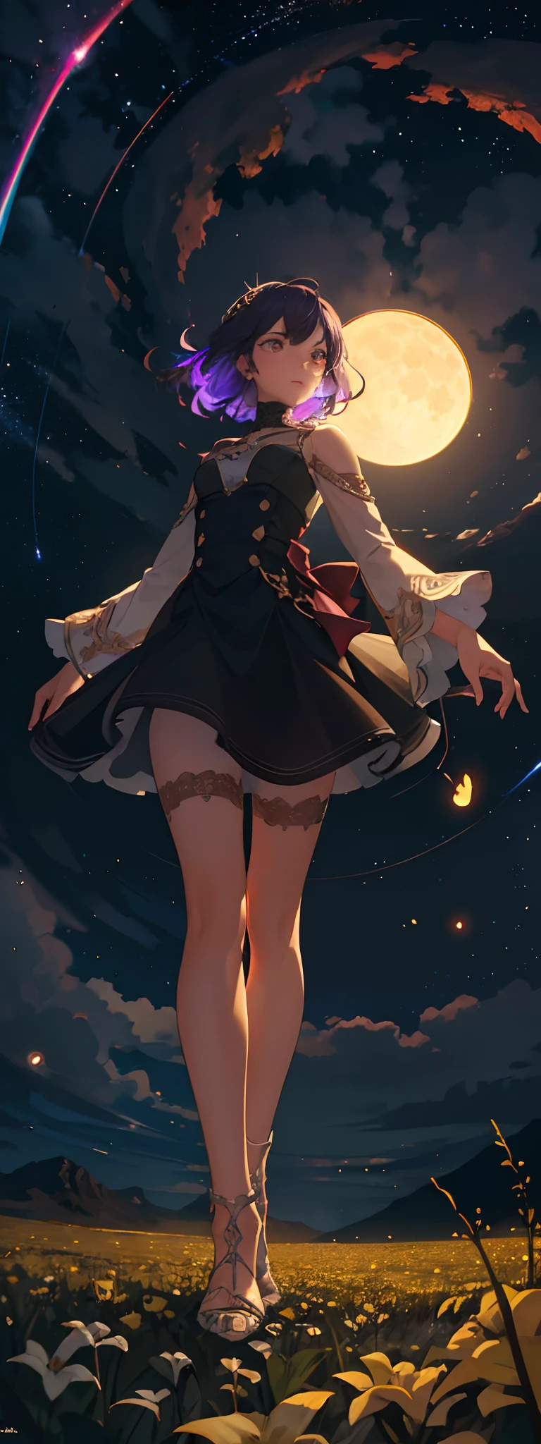 Vast landscape photo, (viewed from below, the sky is above and the open field is below), a girl standing on a flower field looking up, (full moon: 1.2), (meteor: 0.9), (nebula: 1.3), distant mountains , Trees BREAK Crafting Art, (Warm Light: 1.2), (Fireflies: 1.2), Lights, Lots of Purple and Orange, Intricate Details, Volumetric Lighting, Realism BREAK (Masterpiece: 1.2), (Best Quality), 4k, Ultra-Detailed, (Dynamic Composition: 1.4), Very Detailed, Colorful Details, (Rainbow Colors: 1.2), (Glow Lighting, Atmospheric Lighting), Dreamy, Magical, (Solo: 1.2)