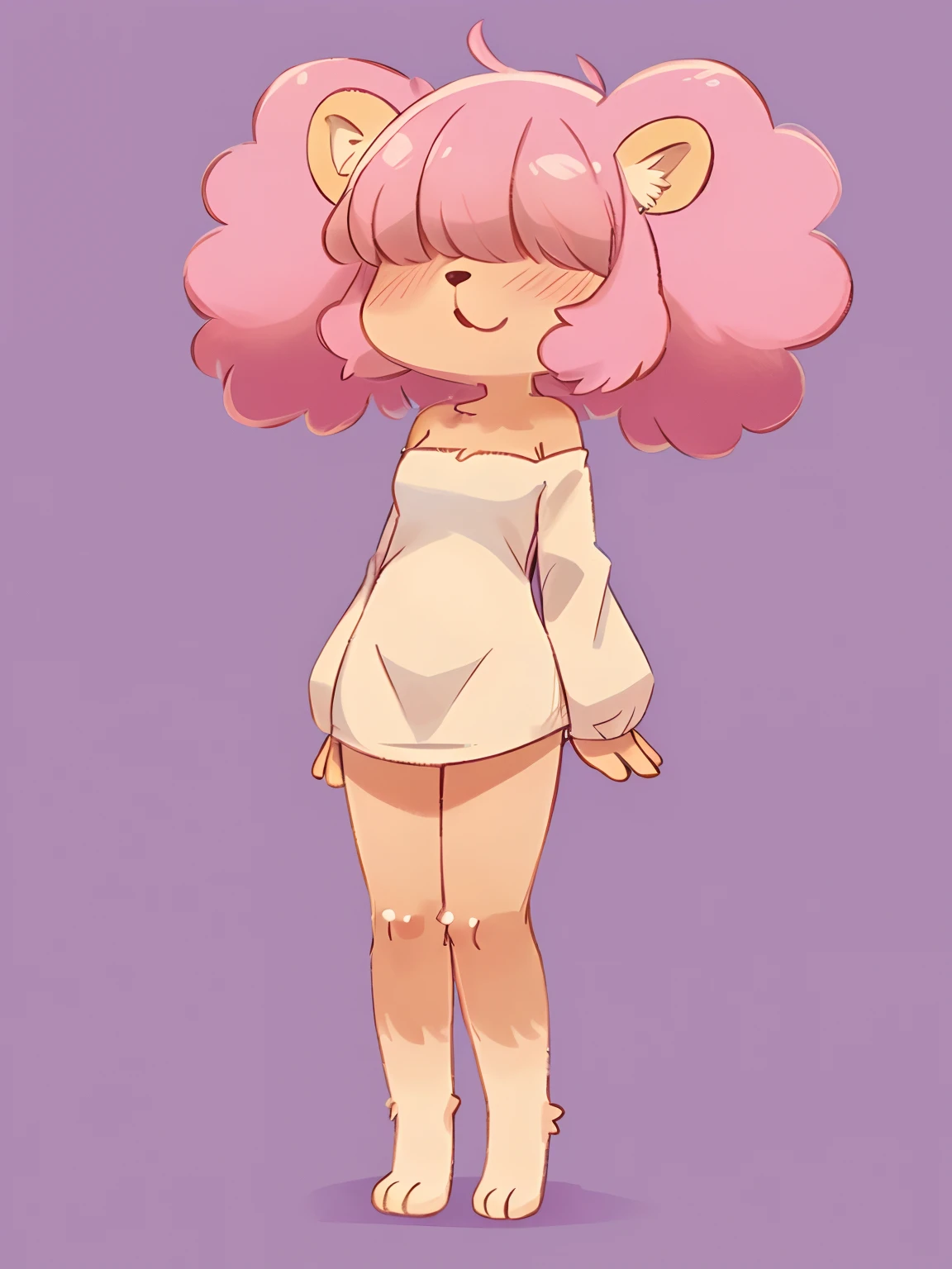 1girl, (siamese cat fur), furry, medium breasts, front facing, (cream colored tanuki ears), tube top, portrait, light purple background, short hair, fluffy big hair, (bright pink hair) curly hair, (((hair over eyes))), highest quality, adult, masterpiece, absurdres, (furry:1.5), skinny+curvy, cutesy, poodle tail, (kemono:1.4), :P face, long-sleeve minidress, fullbody, (tall, long legs)