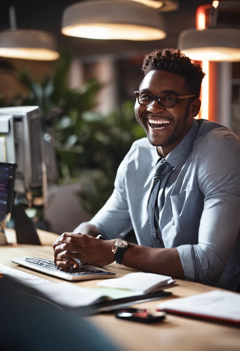 A cheerful young man in an office setting, laughing with colleagues but focused when looking at his computer screen.