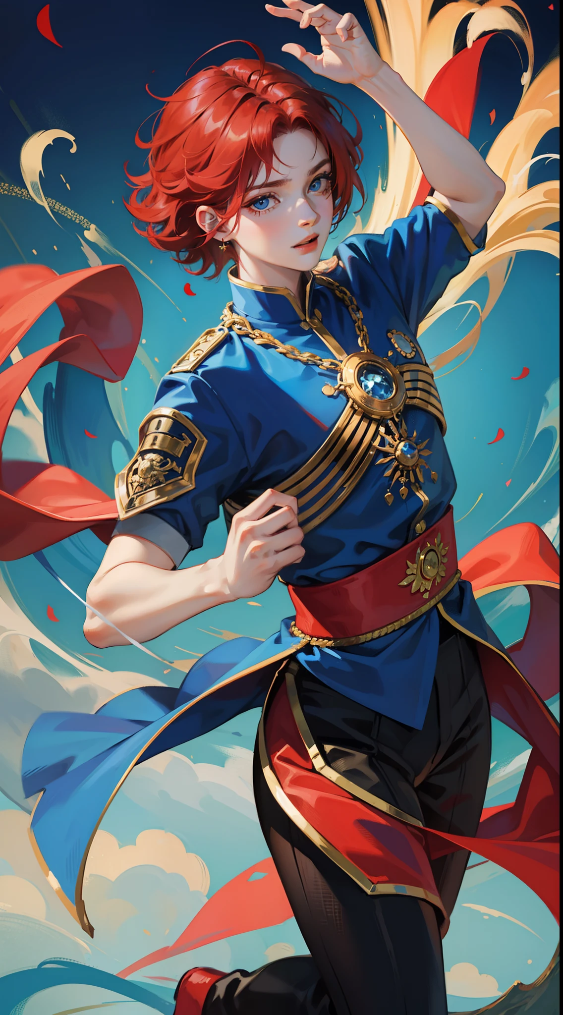 Young guy, short red hair, blue eyes, prince, martial arts, Masterpiece, hiquality
