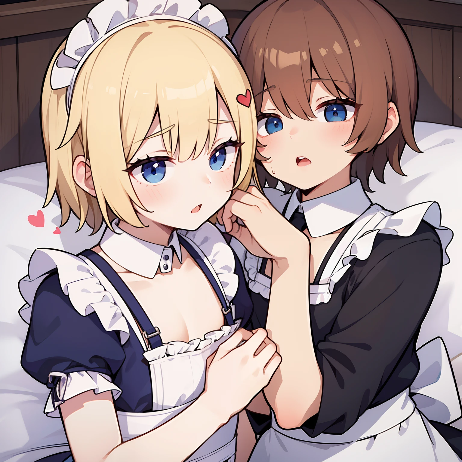 superfine illustration,Animated,1boy,man,Man's,lewd expression,Women's clothing,maid clothes,Sexy,gay,sexual ,pleasant sensation,intensely,all-fours,confinement,Yaoi,bed,perspiring,barechested,heart on eyes,Guy,man,Man's,Short hair,Curly hair,Parted bangs,Blonde hair,Blue eyes,White skin,