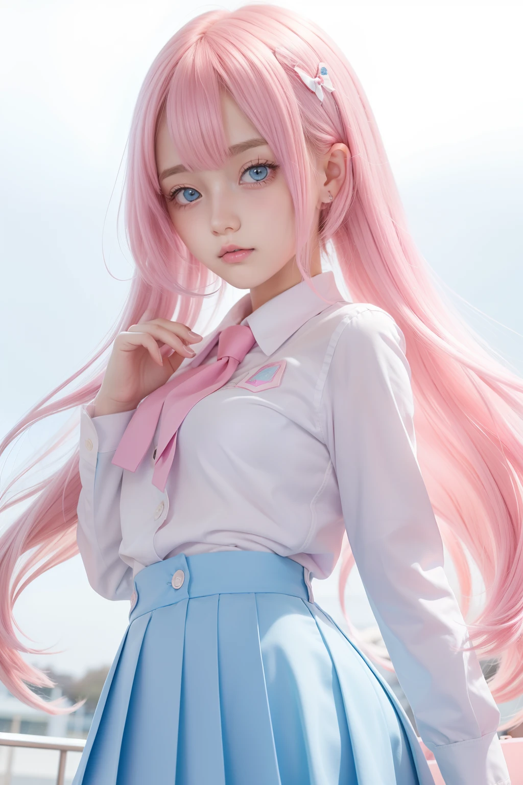 light pink colored hair，Powder-blue pupils，Wear a school uniform with a combination of pink and blue，Milky loli，super beautifulgirl