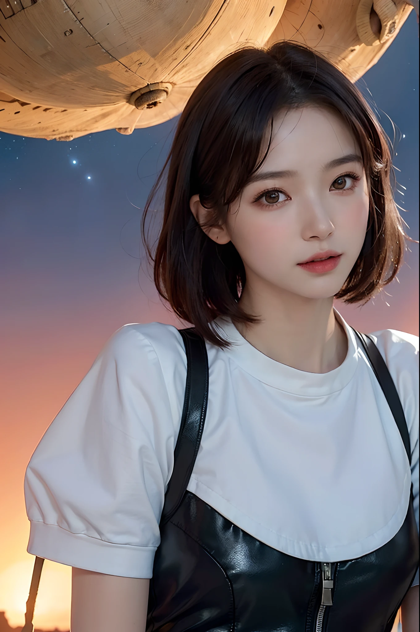top-quality、masterpiece、超A high resolution、(realisitic:1.4)、Beautiful1femele、Beautiful detail eyes and skin、ssmile、Light brown short-cut hair、Petite bust、The perfect spacesuit、spaceships、Desolate and mysterious planet、Red sky、UFOs flying in the sky、Mysterious Giant Ruins、in isekai、