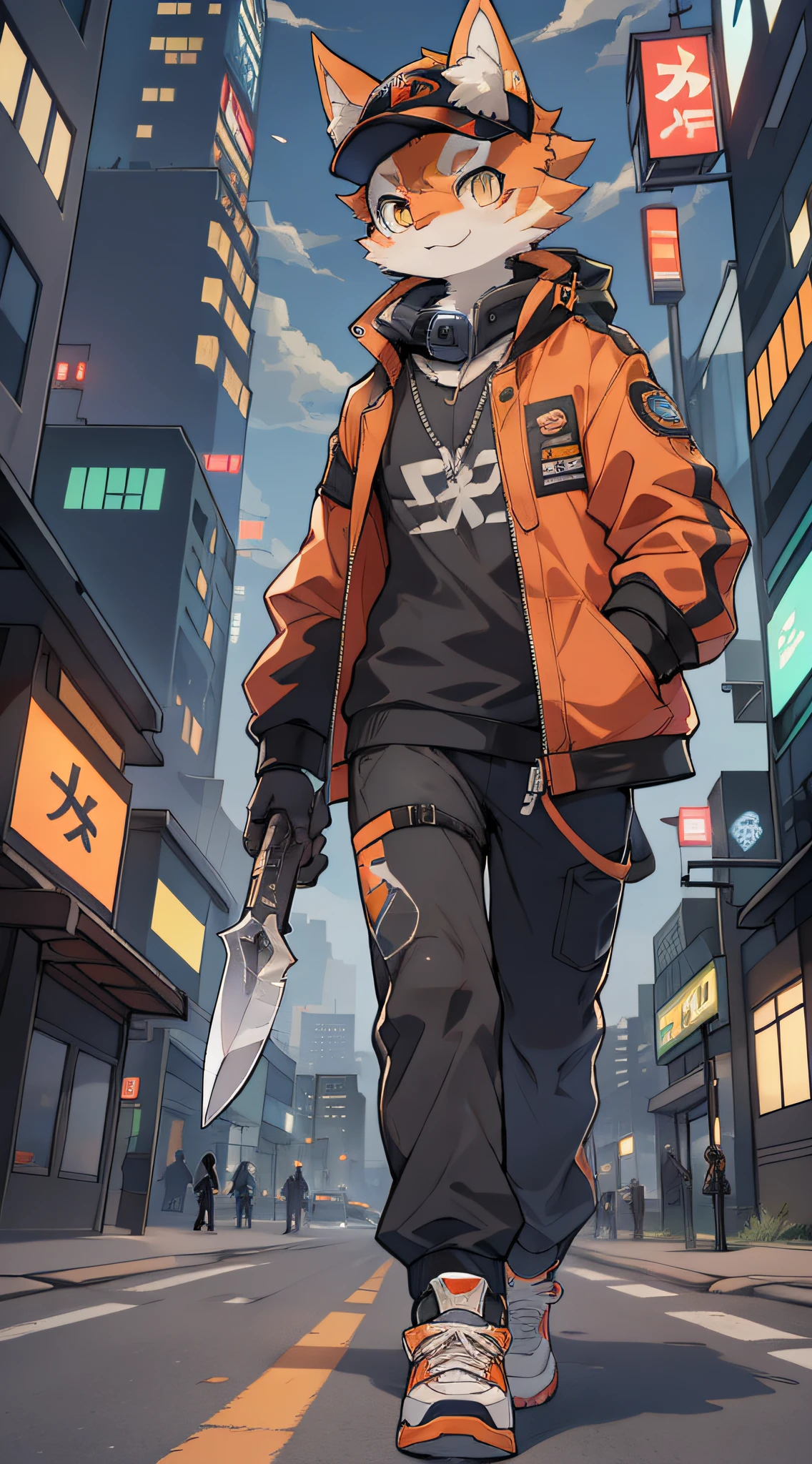 Background cyberpunk style mansion。Dangerous,the city that never sleeps,The color is more purple and blue。Aika:the night,Character depiction:hairy pubic,felid,orange cat,shoun,Orange cat,There is a small knife scar on the left side of the forehead,Wear a cyberpunk jacket printed with auspicious clouds and white sneakers。Goggles on his head。Cross-body bag at waist(satchel)(An image of a city ranger or agent。),Carry a work card around his neck。Other details:(A white coat that had been taken off was thrown on the side of the road。)He held the dark weapon in his hand。 A group of men in black with baseball bats and some spaceships(UFO)Chasing him,The spaceship strafed the orange cat,The orange cat rolled over and dodged。