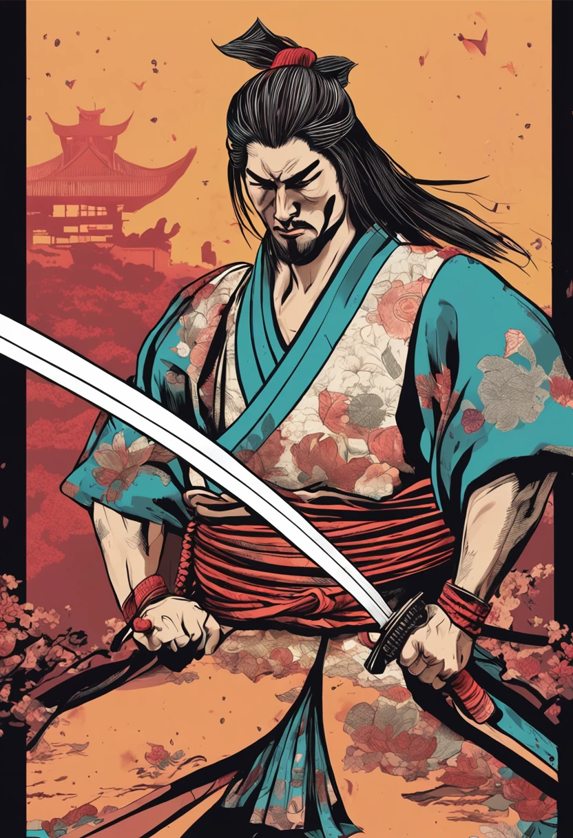 Samurai in perspective cutting an apple manga