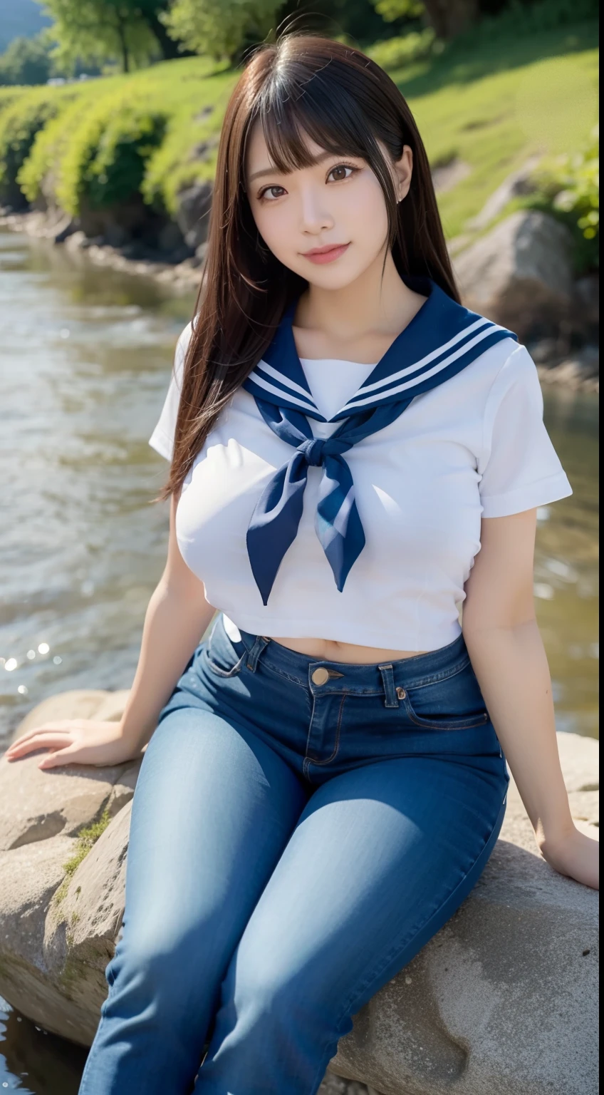 a pregirl，horse tailed，Large breasts, ssmile, looking at viewert, sailor uniformm,skintight jeans, athletic sneakers，photore, realisticlying, Best quality at best, employee, 详细的脸, Sitting on a large rock by the river in the middle of the woods, diffuselighting, depth of fields, Background bokeh