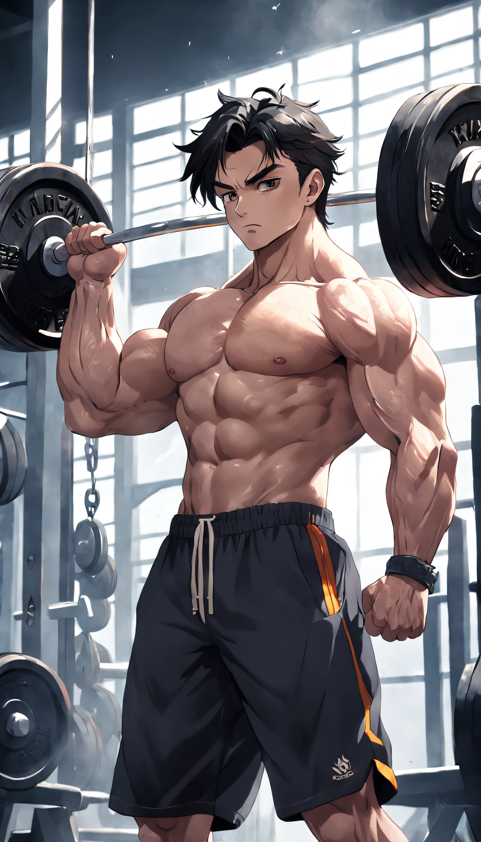 (((male))), (((best quality))), (((masterpiece))), (((Mexican ager))), (((bodybuilder))), ((150 kg)) 20 year old, in the gym, lifting weights, black shorts no shirt.