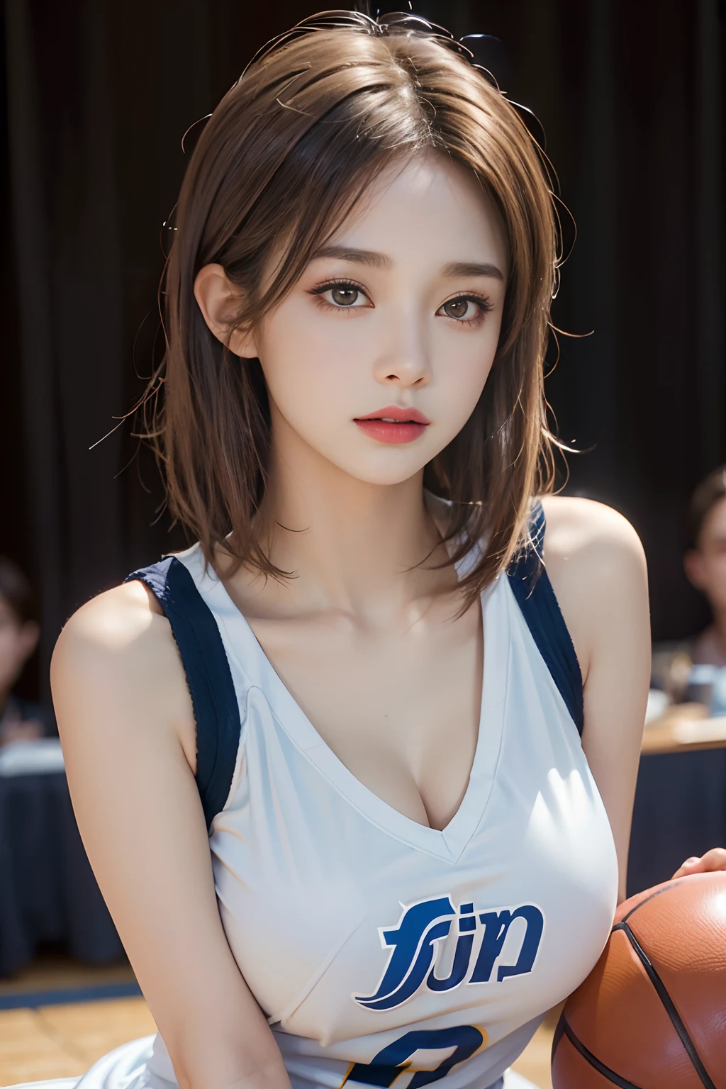 (RAW photos,4K,tmasterpiece,A high resolution,very intricate)(realisticlying:1.4),A delicate girl with facial features in the movie
1 Girl, Single focus, Full body like,Summer noon, Playing the Basketball,Basketball pose,thermography, 1990's\(styled\),White skin,(Bigchest,cleavage), (Best quality), (A high resolution), (Extremely Delicately Beautiful),,(Beautiful 8k face),(Brown eyes),(Ulzzang-6500:1.0),(Large breasts),(NFFSW),(Basketball sportswear),((Playing basketball)),((gymnasium)),((velocity)),(reality),(jiayi:1.5), closeup cleavage, tmasterpiece, best qualtiy, RAW photogr, realisticlying, faces, Incredibly Ridiculous res, Buatigar, adolable, short detailed hair, depth of fields, A high resolution, ultra - detailed, finedetail, Very detailed, extremely detailed eye and face, Sharp pupils, pupil realistic, tack sharp focus, cinmatic lighting