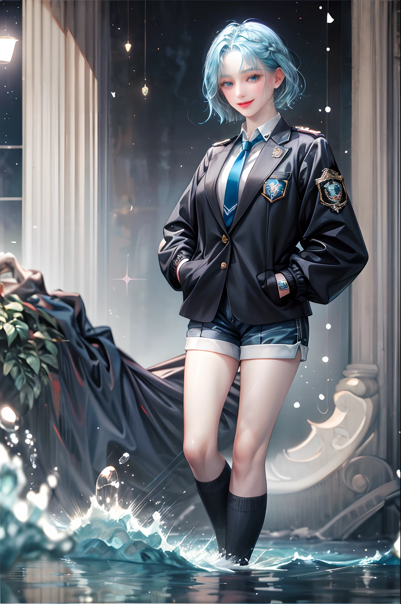 ((top-quality)), ((masterpiece)), ((ultra-detailliert)), (extremely delicate and beautiful), girl with, 独奏, cold attitude,((Black jacket)),She is very(relax)with the(Settled down)Looks,A dark-haired, depth of fields,evil smile,Bubble, under the water, Air bubble,bright light blue eyes,Inner color with light blue hair and dark blue tips,Cold background,Bob Hair - Linear Art, shortpants、knee high socks、White uniform like school uniform、Light blue ribbon ties、Clothes are sheer、Hands in pockets
