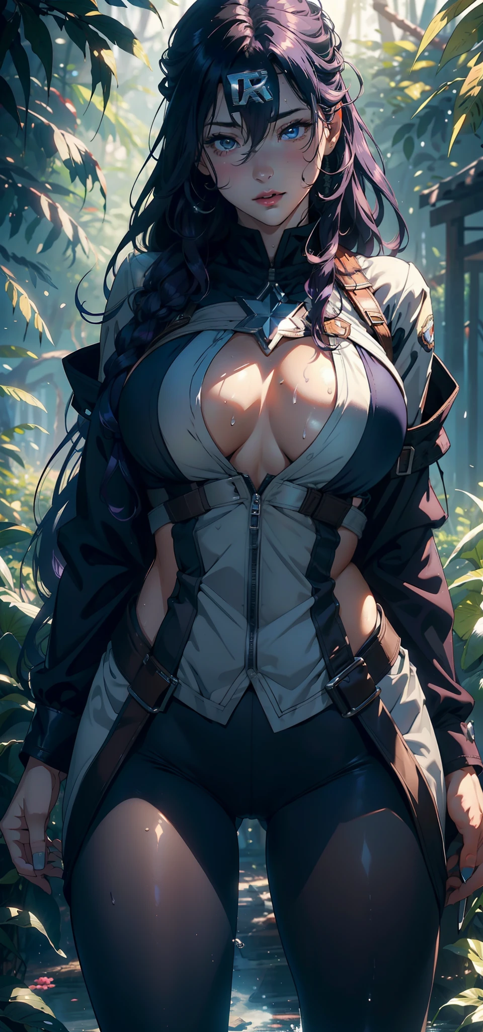 1female，25 age old，Large breasts，long leges，Big breasts Thin waist，Pornographic exposure， 独奏，（Background with：ln the forest，the rainforest，in summer） She has long purple hair，standing on your feet，Sweat profusely，drenched all over the body，seen from the front， curlies， mostly cloudy sky，（（（tmasterpiece），（Very detailed CG unity 8K wallpaper），best qualtiy，cinmatic lighting，detailed back ground，beatiful detailed eyes，Bright pupils，（Very fine and beautiful），（Beautiful and detailed eye description），ultra - detailed，tmasterpiece，）），facing at camera，A high resolution，ultra - detailed），revealing breasts，Bare genitalia， Bulge，Camel toes，Raised sexy，Flushed complexion，Open-mouthed，frontage，captain america（Wearing：Captain America uniform，Pantyhose）nakeness，high-heels