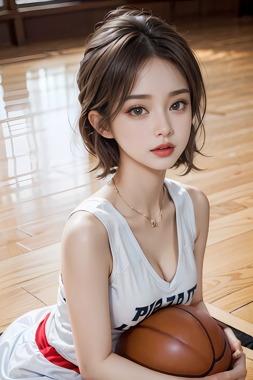 （RAW photos，4K，tmasterpiece，A high resolution，very intricate）（realisticlying：1.4），A delicate girl with facial features in the movie
1 Girl， Single focus， Full body like，Summer noon， Playing the Basketball，Basketball pose，thermography， 1990's\（styled\），White skin，(Bigchest，cleavage)， (Best quality), (A high resolution), (Extremely Delicately Beautiful),,(Beautiful 8k face),(Brown eyes),(Ulzzang-6500:1.0),(Large breasts),(NFFSW),(Basketball sportswear),((Playing basketball)),((gymnasium)),((velocity)),(reality),（jiayi：1.5）， closeup cleavage， tmasterpiece， best qualtiy， RAW photogr， realisticlying， faces， Incredibly Ridiculous res， Buatigar， adolable， short detailed hair， depth of fields， A high resolution， ultra - detailed， finedetail， Very detailed， extremely detailed eye and face， Sharp pupils， pupil realistic， tack sharp focus， cinmatic lighting